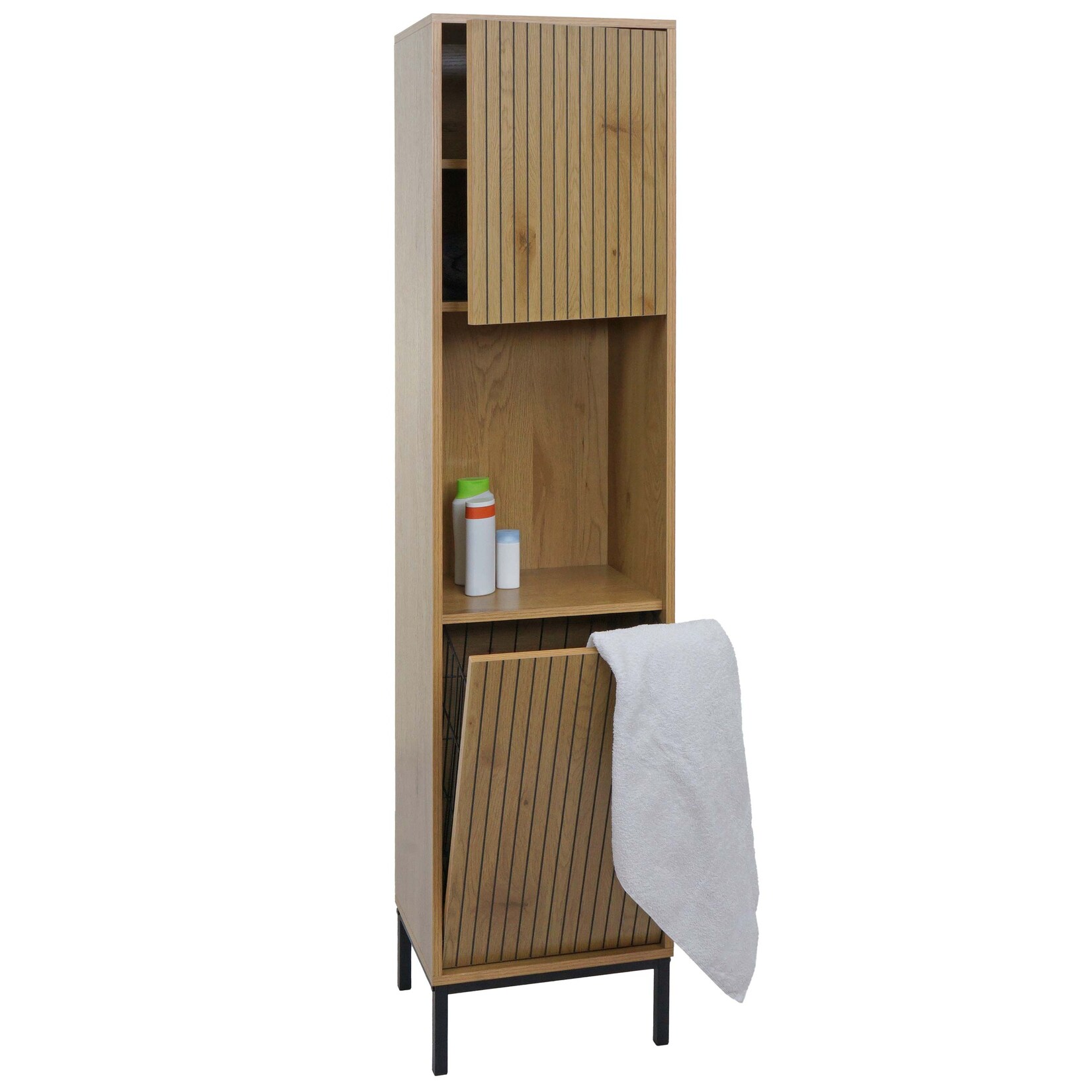 Hochschrank MCW-O42, Badschrank Badregal Badezimmer Schrankfächer Wäschekorb, MDF Melamin 174x39x30cm ~ Holzoptik natur