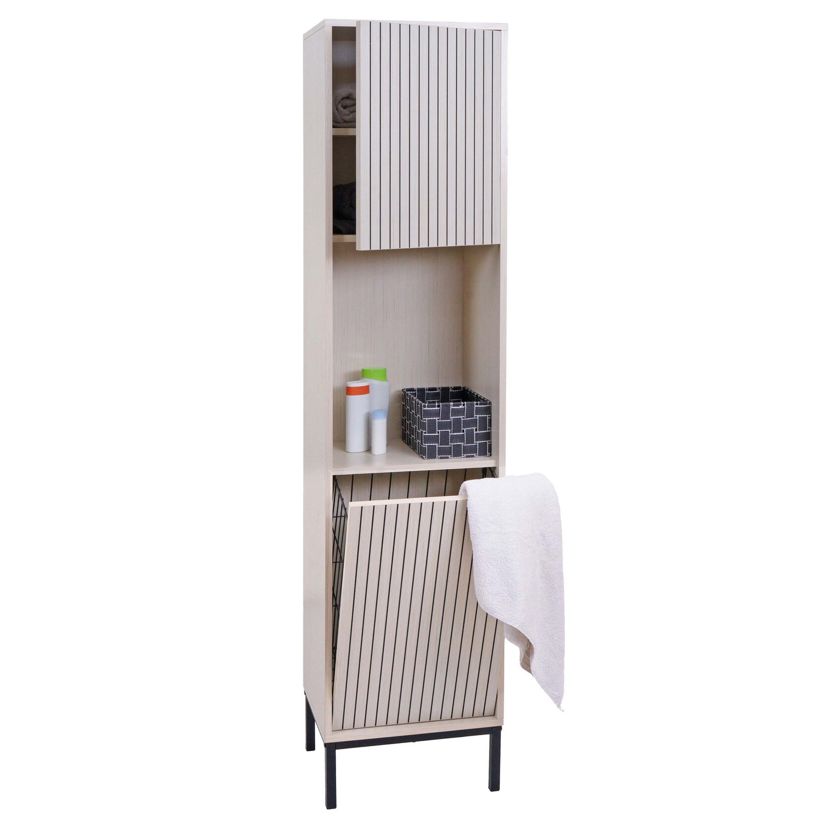 Hochschrank MCW-O42, Badschrank Badregal Badezimmer Schrankfächer Wäschekorb, MDF Melamin 174x39x30cm ~ Holzoptik beige