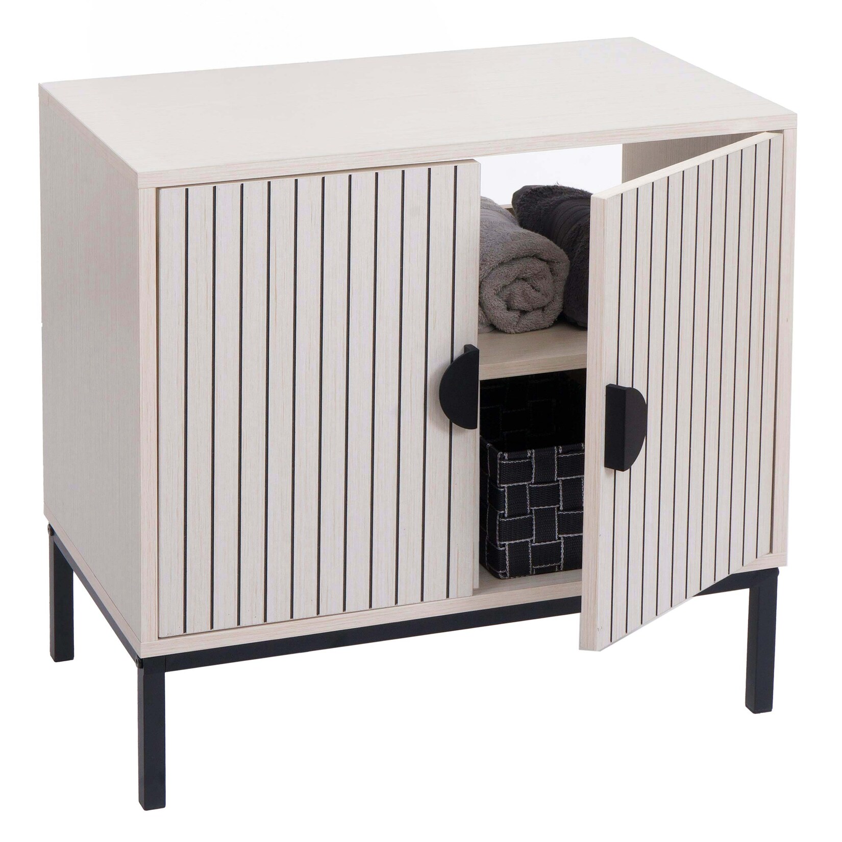 Waschbeckenunterschrank MCW-O42, Schrank Badezimmer Badschrank mit 2 Türen, MDF Melamin 62x63x35cm ~ Holzoptik beige