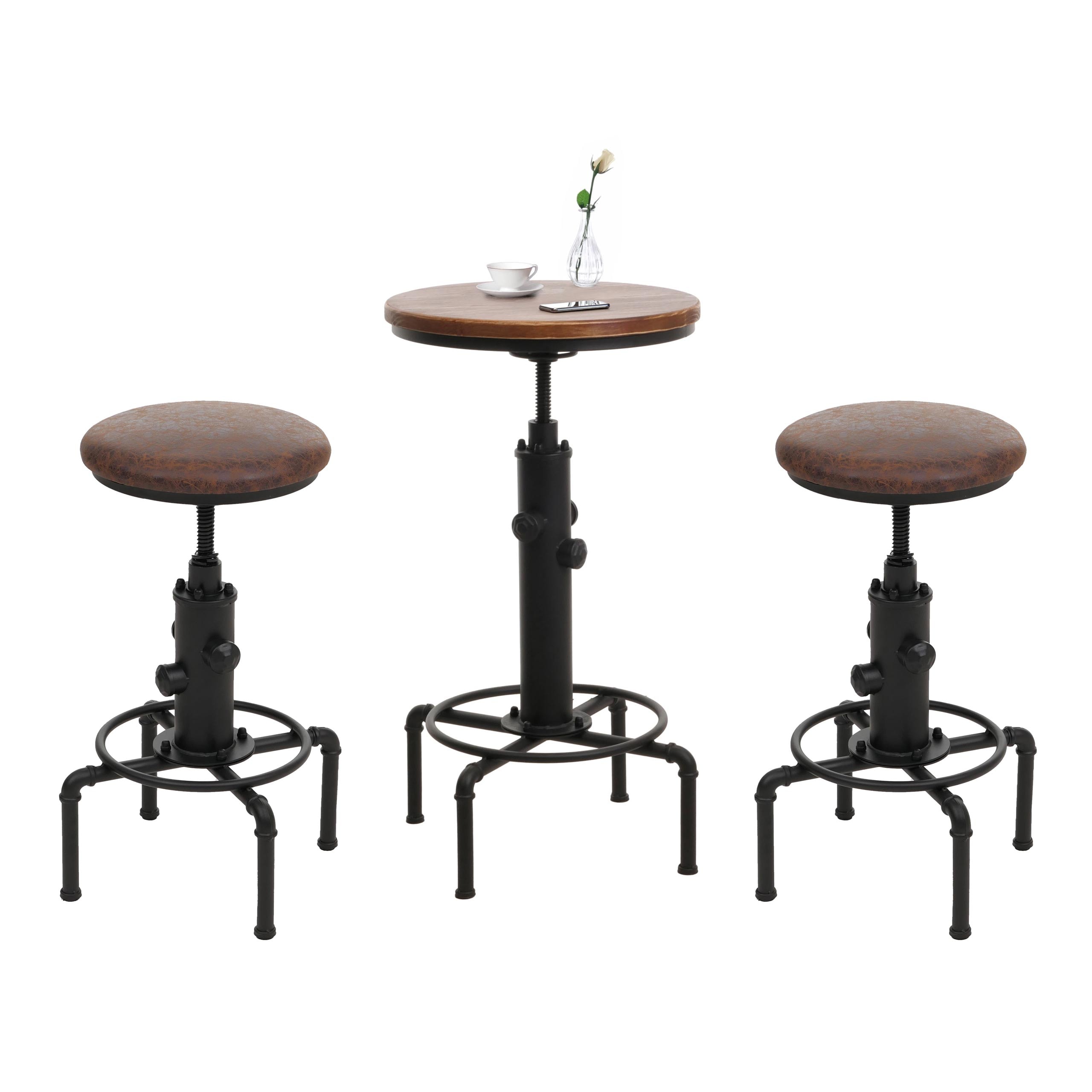 Set Bartisch + 2x Barhocker MCW-N23, Stehtisch h&ouml;henverstellbar drehbar Industrial Eisen Holz Kunstleder ~ braun-schwarz - Bild 1