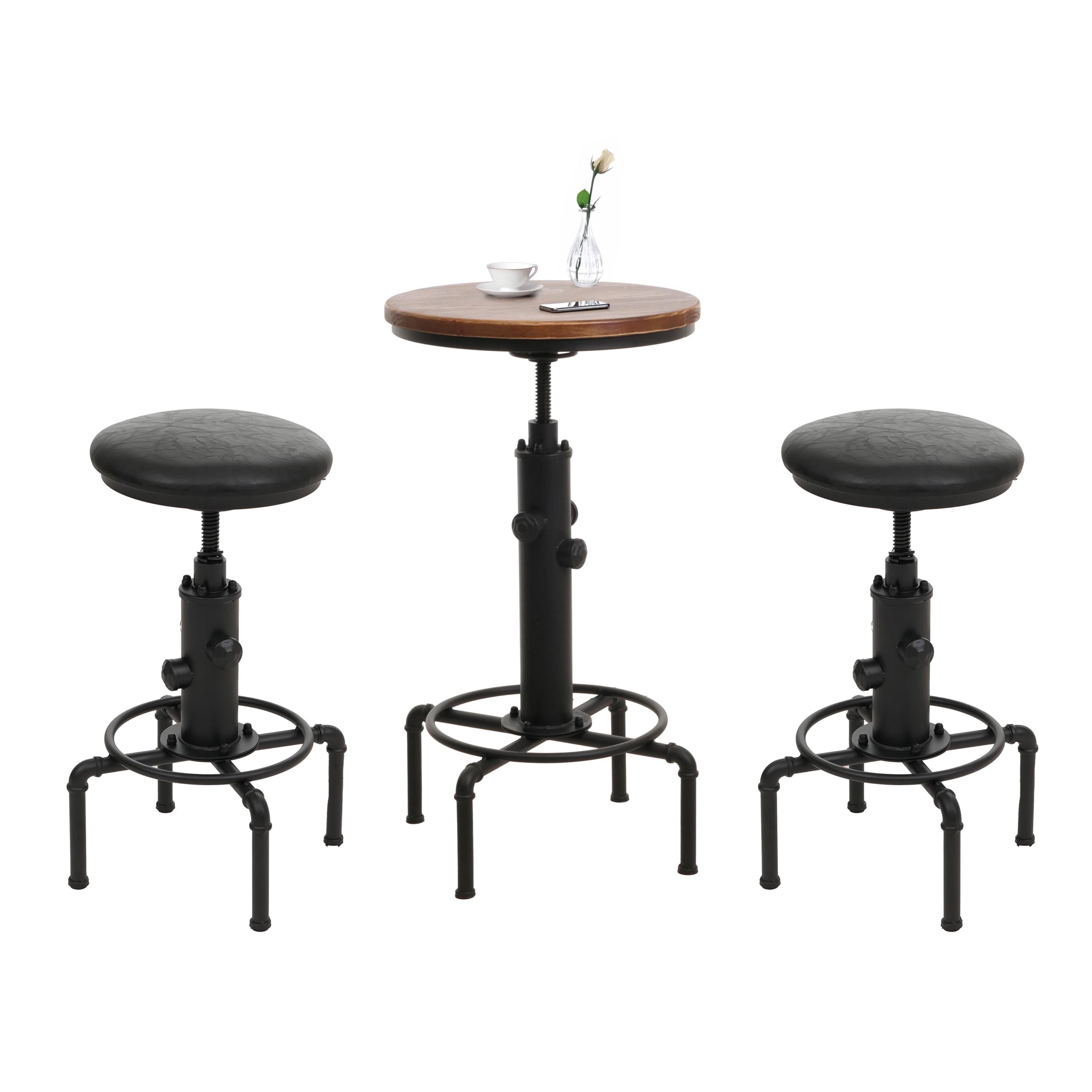 Set Bartisch + 2x Barhocker MCW-N23, Stehtisch h&ouml;henverstellbar drehbar Industrial Eisen Holz Kunstleder ~ schwarz - Bild 1