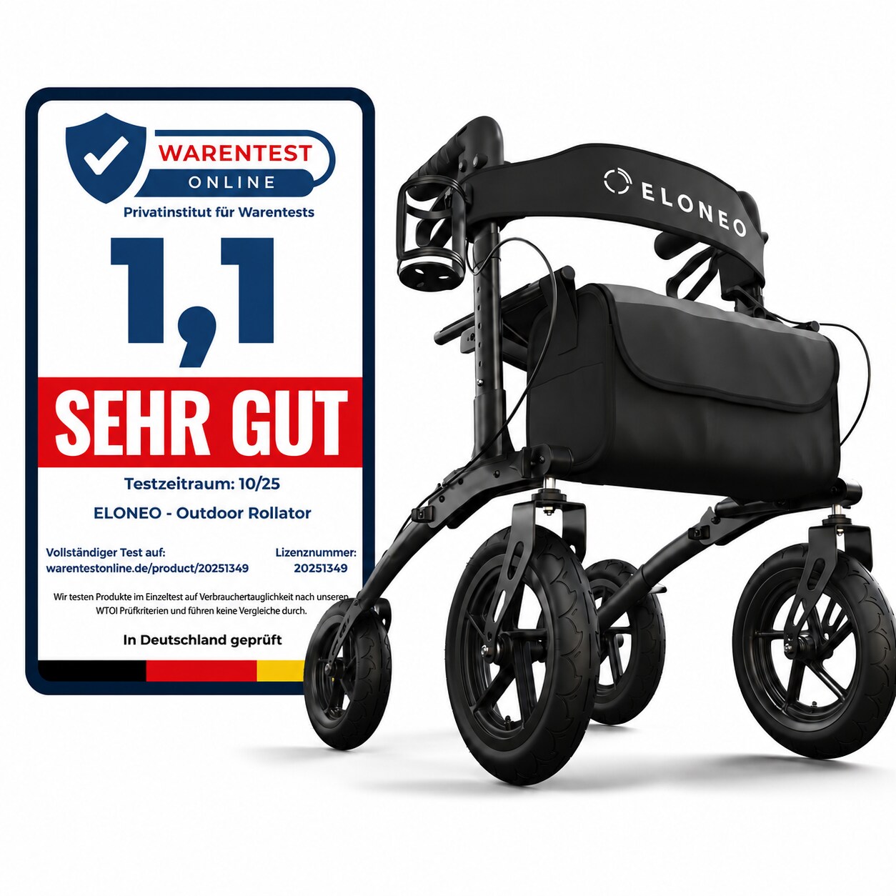 ELONEO Rollator faltbar und leicht mit Sitz, Outdoor Rollator mit Luftbereifung, höhenverstellbar aus Aluminium Schwarz