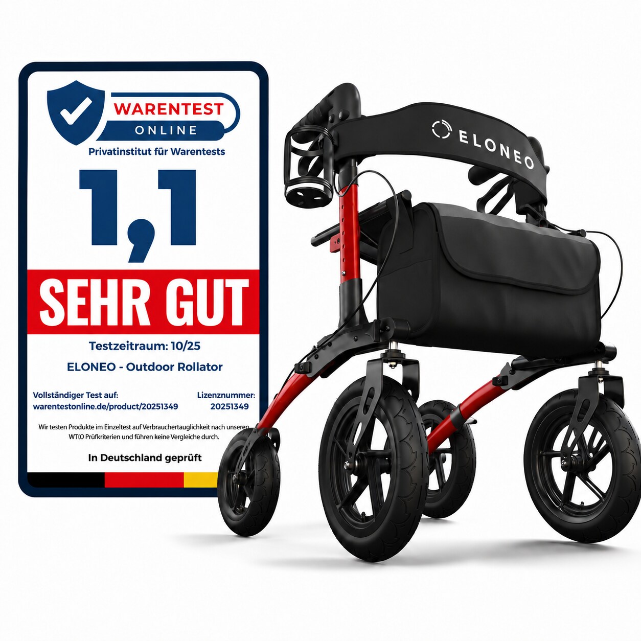ELONEO Rollator faltbar und leicht mit Sitz, Outdoor Rollator mit Luftbereifung, höhenverstellbar aus Aluminium Rot