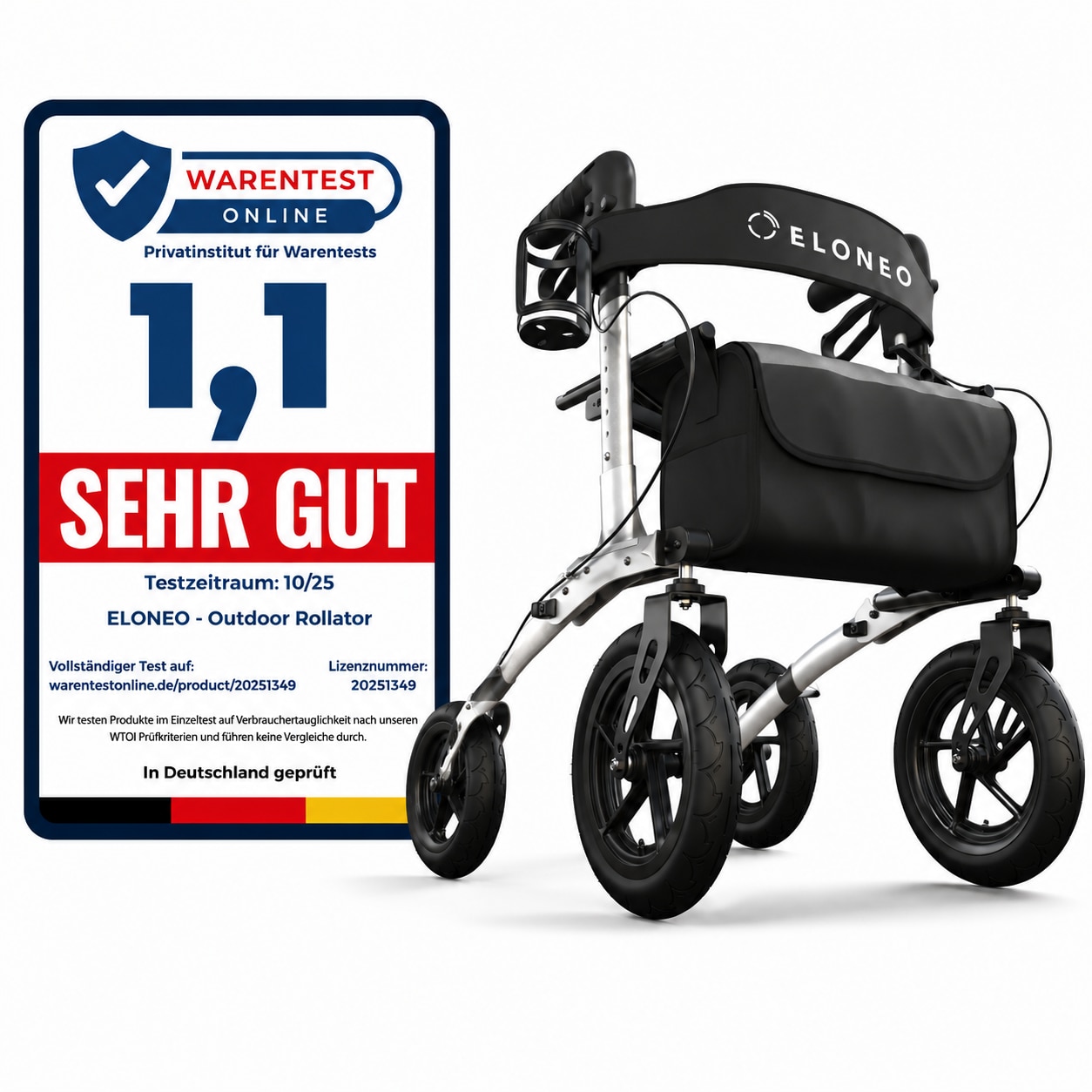 ELONEO Rollator faltbar und leicht mit Sitz, Outdoor Rollator mit Luftbereifung, h&ouml;henverstellbar aus Aluminium Silber - Bild 1