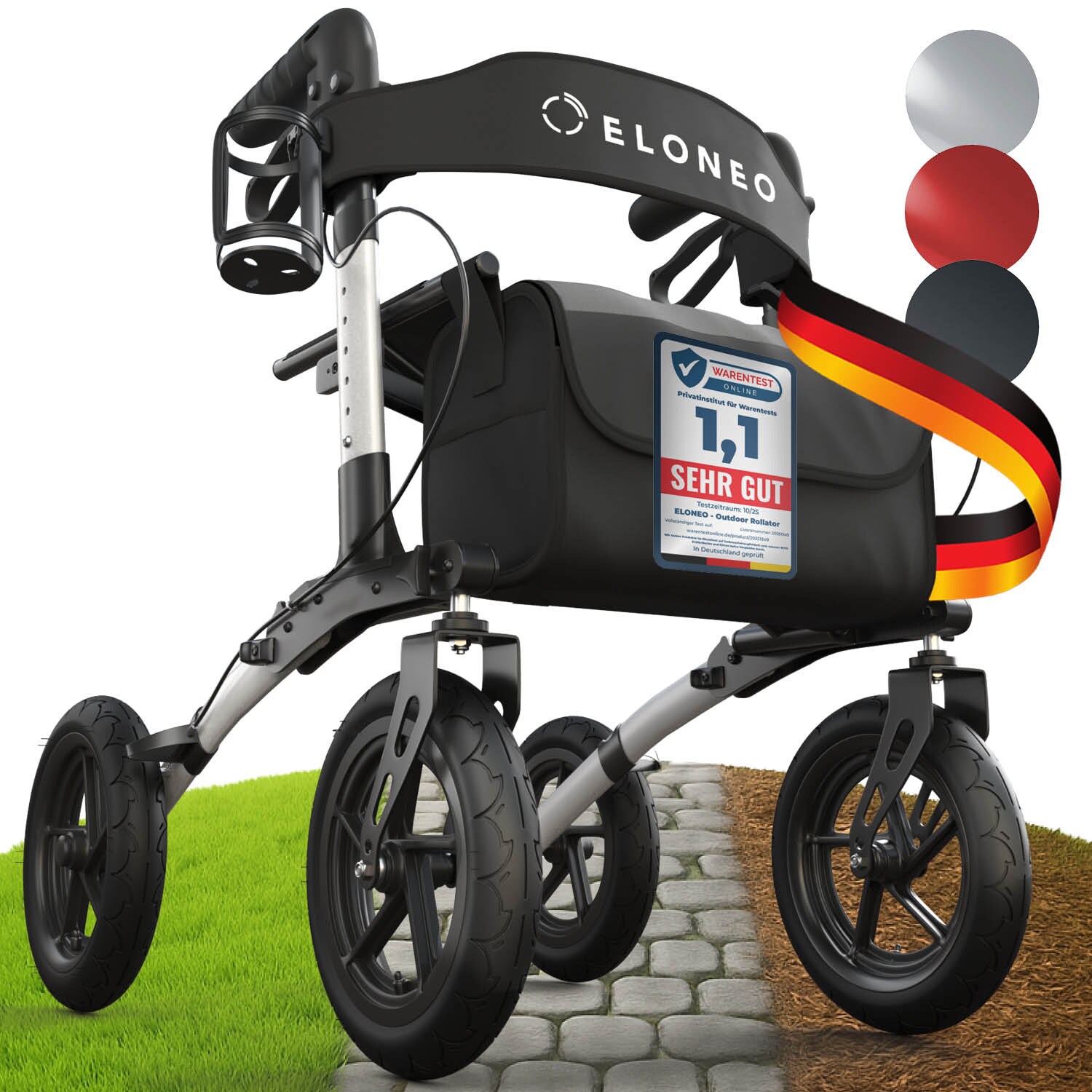 ELONEO Rollator faltbar und leicht mit Sitz, Outdoor Rollator mit Luftbereifung inkl. Sitzfläche, Rückengurt, höhenverstellbare Gehhilfe aus Aluminium inkl. Tasche und Stockhalter Silber | 04260641681105