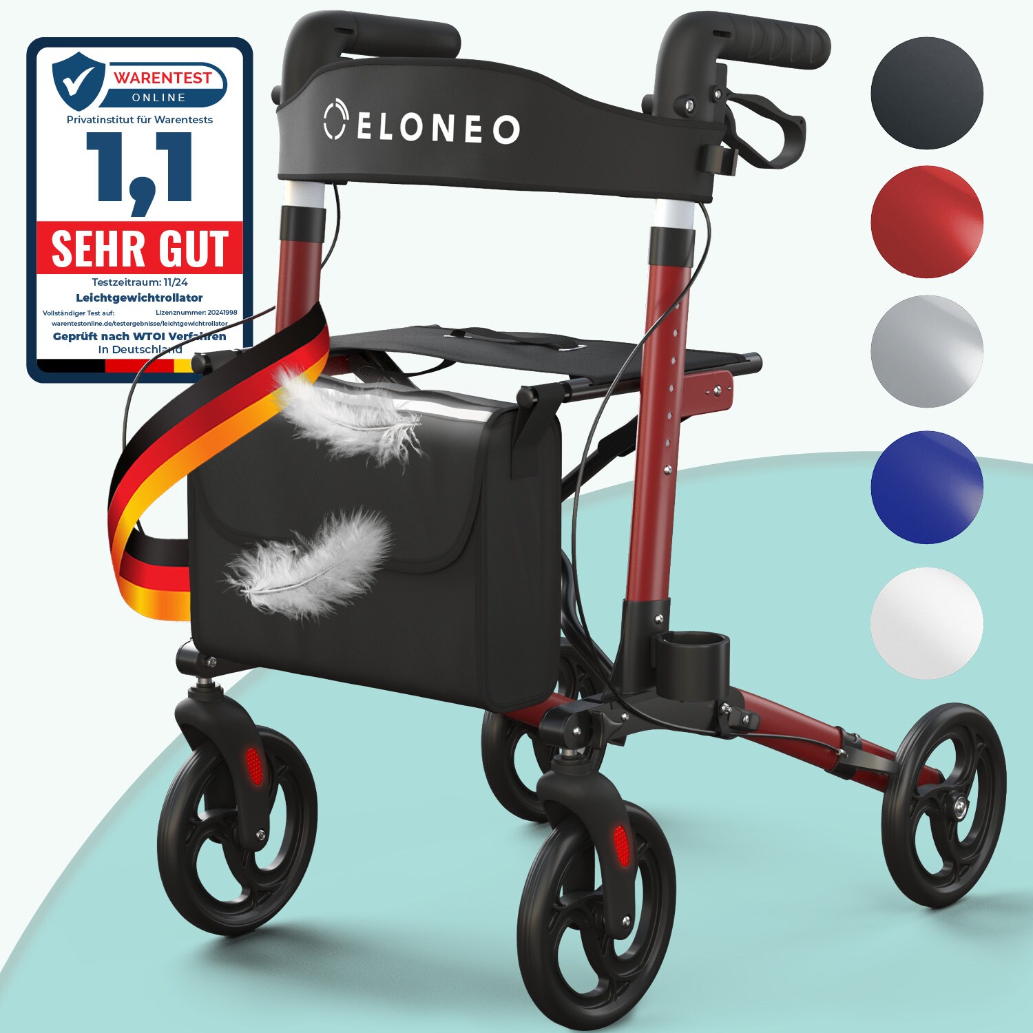 ELONEO Rollator faltbar und leicht mit Sitz, Leichtgewicht-Reiserollator aus Aluminium, Gehhilfe 8-fach höhenverstellbar, Laufhilfe 3-fach faltbar für Kofferraum, Tasche & Schirmhalter Rot