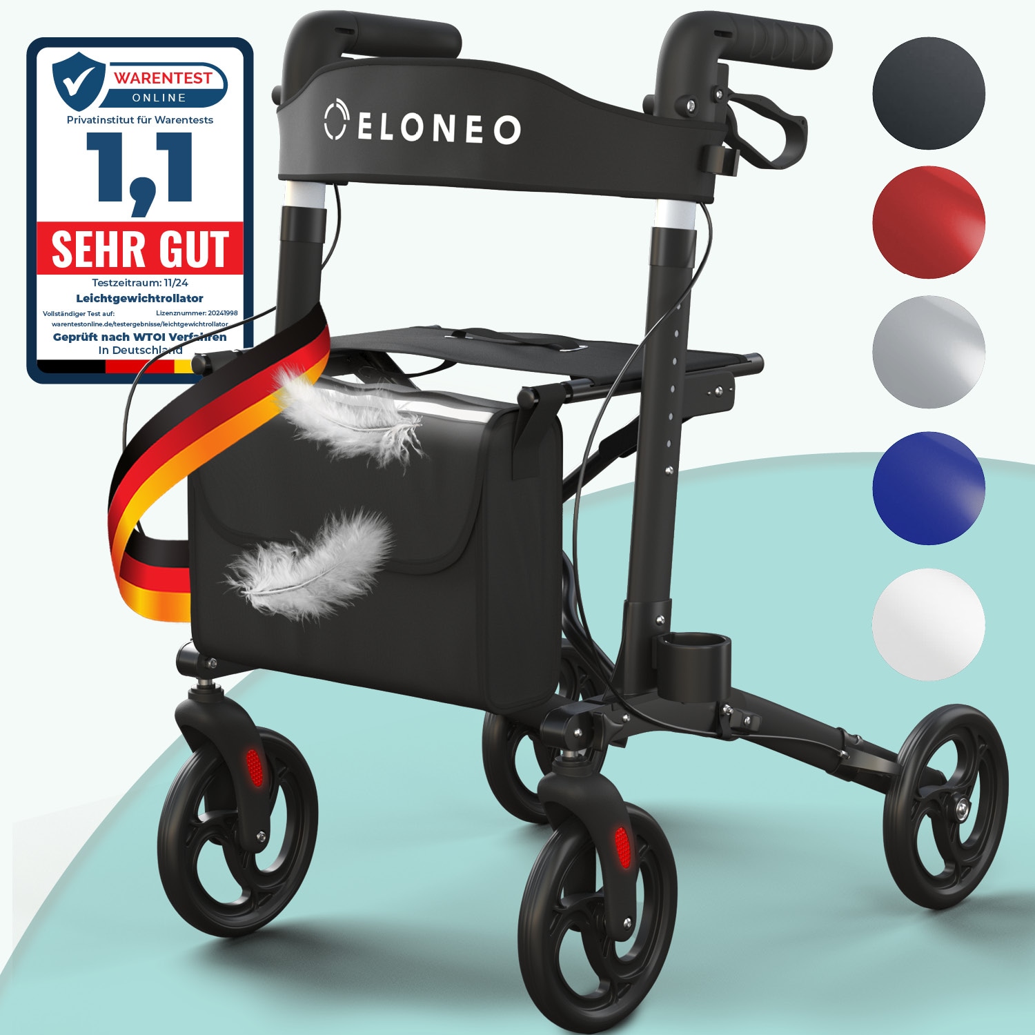 ELONEO Rollator faltbar und leicht mit Sitz, Leichtgewicht-Reiserollator aus Aluminium, Gehhilfe 8-fach h&ouml;henverstellbar, Laufhilfe 3-fach faltbar f&uuml;r Kofferraum, Tasche & Schirmhalter Schwarz - Bild 1