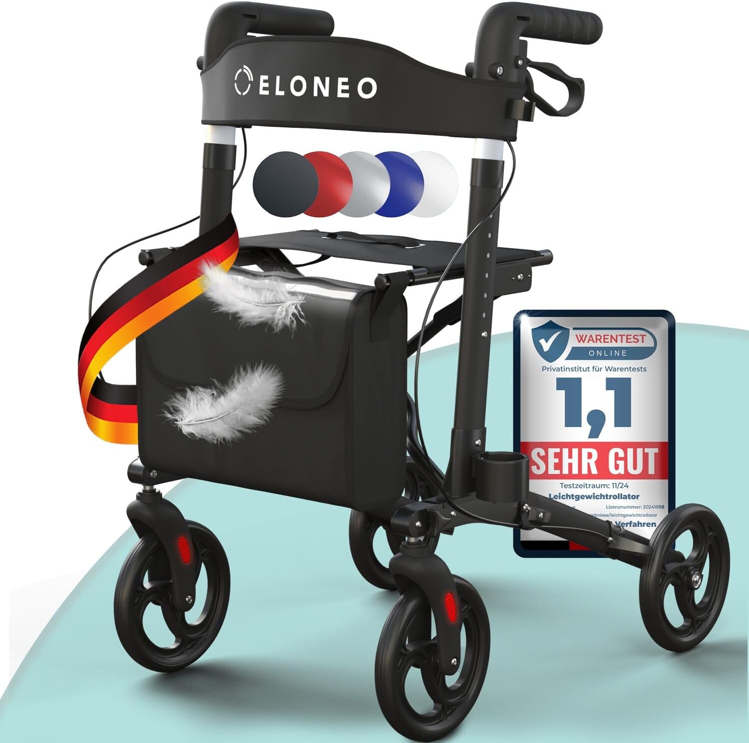 ELONEO Rollator faltbar und leicht mit Sitz, Leichtgewicht-Reiserollator aus Aluminium, Gehhilfe 8-fach höhenverstellbar, Laufhilfe 3-fach faltbar für Kofferraum, Tasche & Schirmhalter Schwarz