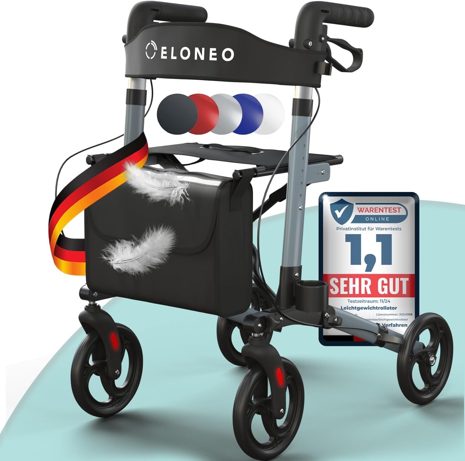 ELONEO Rollator faltbar und leicht mit Sitz, Leichtgewicht-Reiserollator aus Aluminium, Gehhilfe 8-fach höhenverstellbar, Laufhilfe 3-fach faltbar für Kofferraum, Tasche & Schirmhalter Anthrazit