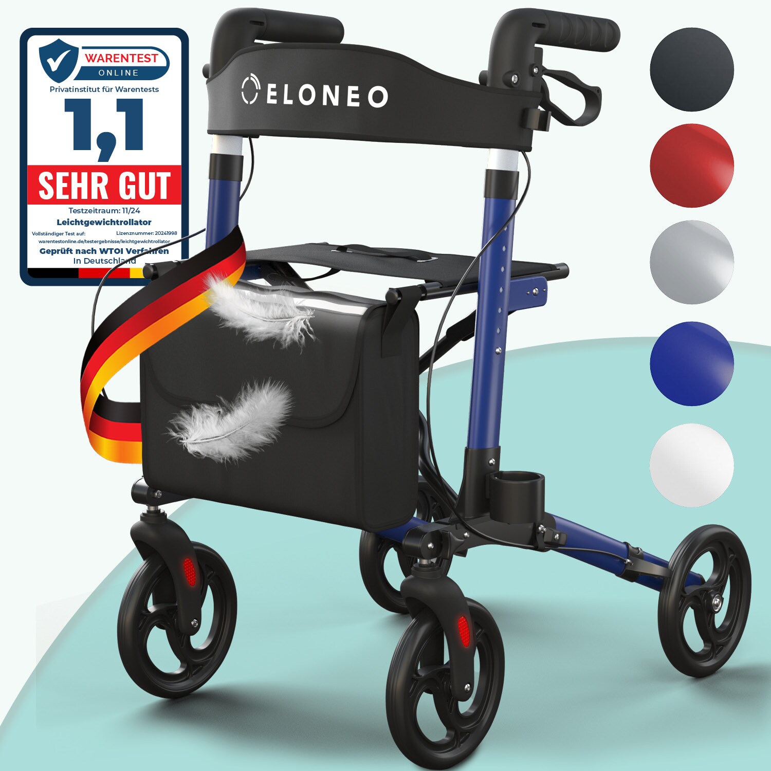 ELONEO Rollator faltbar und leicht mit Sitz, Leichtgewicht-Reiserollator aus Aluminium, Gehhilfe 8-fach höhenverstellbar, Laufhilfe 3-fach faltbar für Kofferraum, Tasche & Schirmhalter Blau
