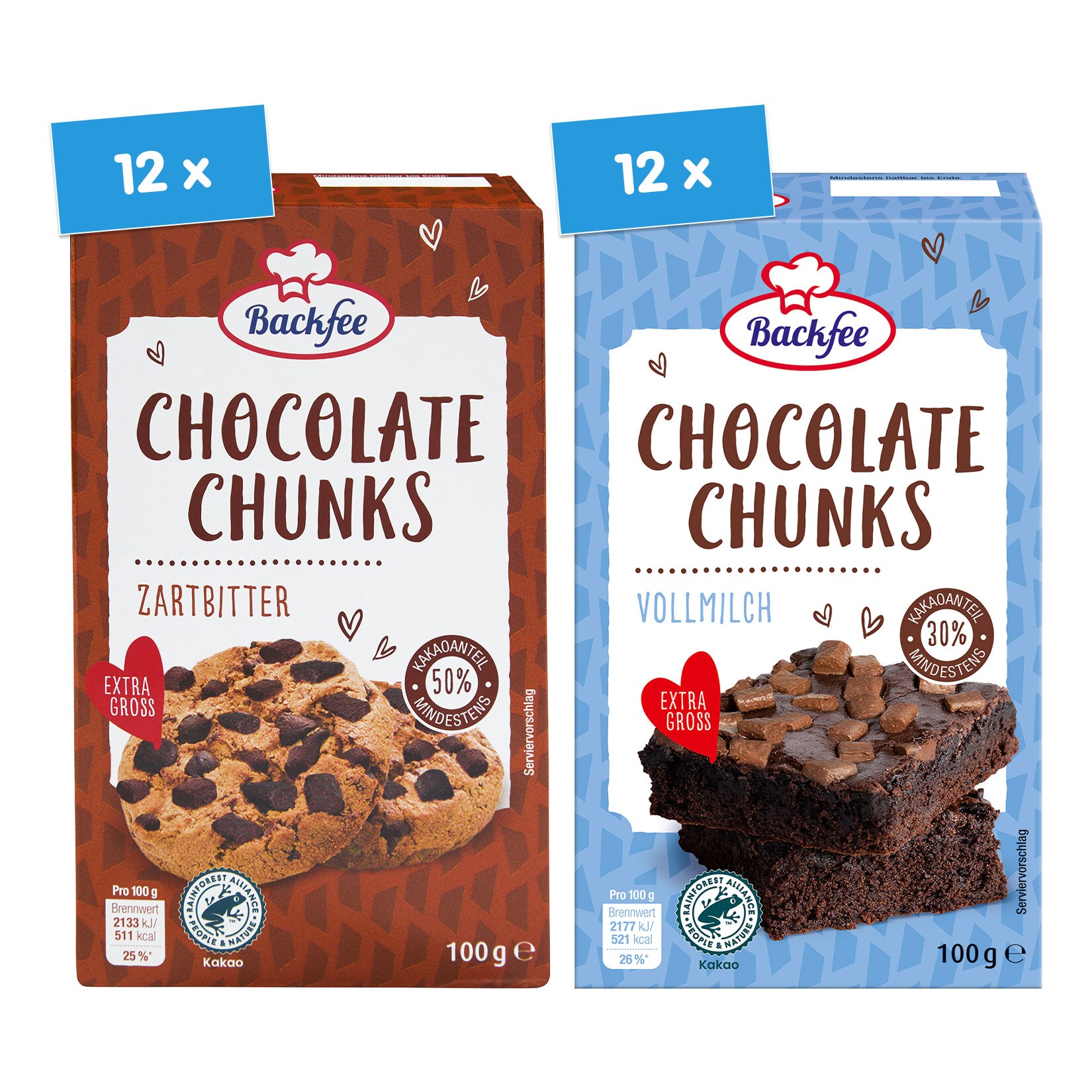 Backfee Chocolate Chunks verschiedene Sorten 100 g, 24er Pack - Bild 1