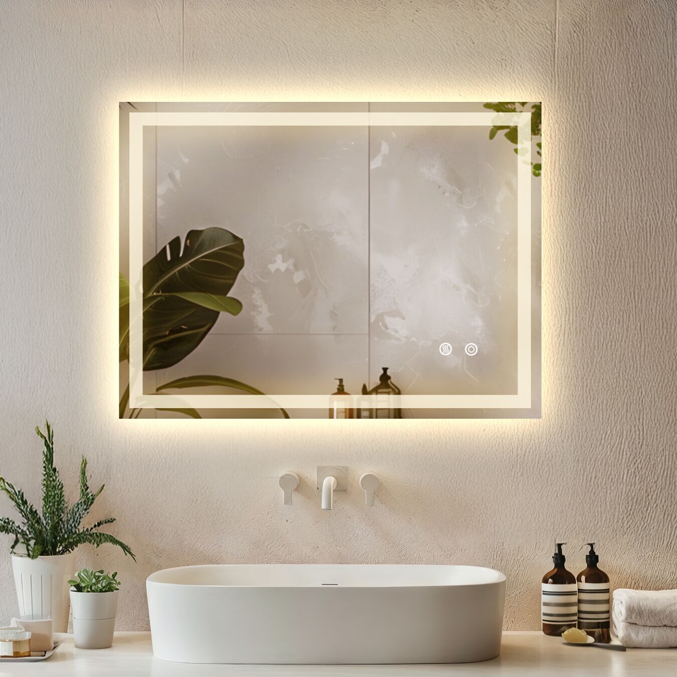 tectake® Rechteckiger LED Badezimmerspiegel, rahmenloses Design in 3 Größen, Touchbedienung mit Memoryfunktion, inklusive Spiegelheizung