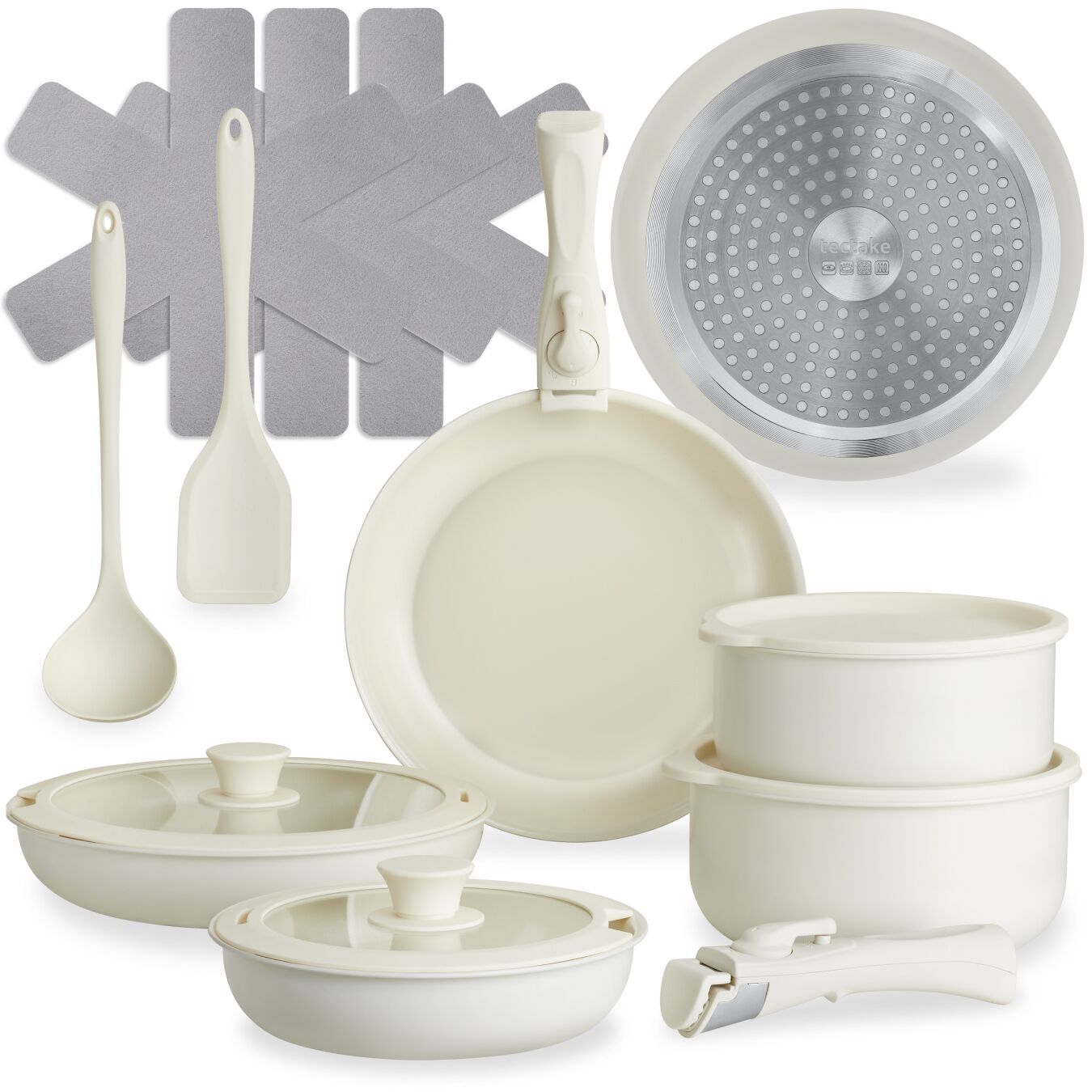 tectake&reg; Kochtopfset, 16-teilig, f&uuml;r Induktion geeignet, inklusive 2 Glasdeckeln mit Dampfabzug und 2 Silikonabdeckungen, 2 K&uuml;chenwerkzeuge und 3 Topfschoner aus Filz - Bild 1