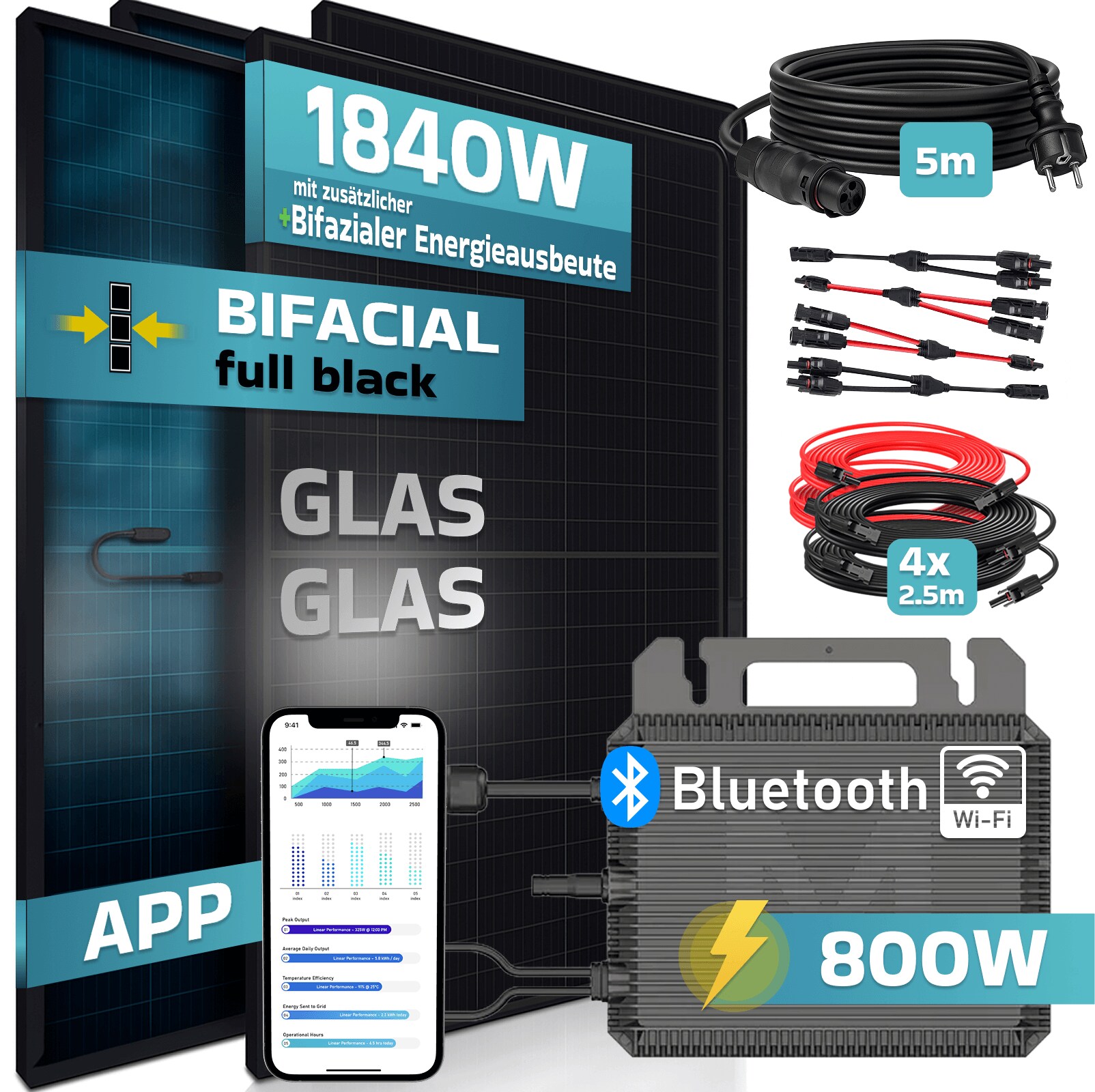 SUNNIVA® 1840W Balkonkraftwerk mit 800W Wechselrichter Marstek, BIFAZIAL FULLBLACK komplett Steckdose, PV Solaranlage Komplettset mit 5m Anschlusskabel und 4x2.5m Solarkabel, 4x 460W N-Type Glas-Glas