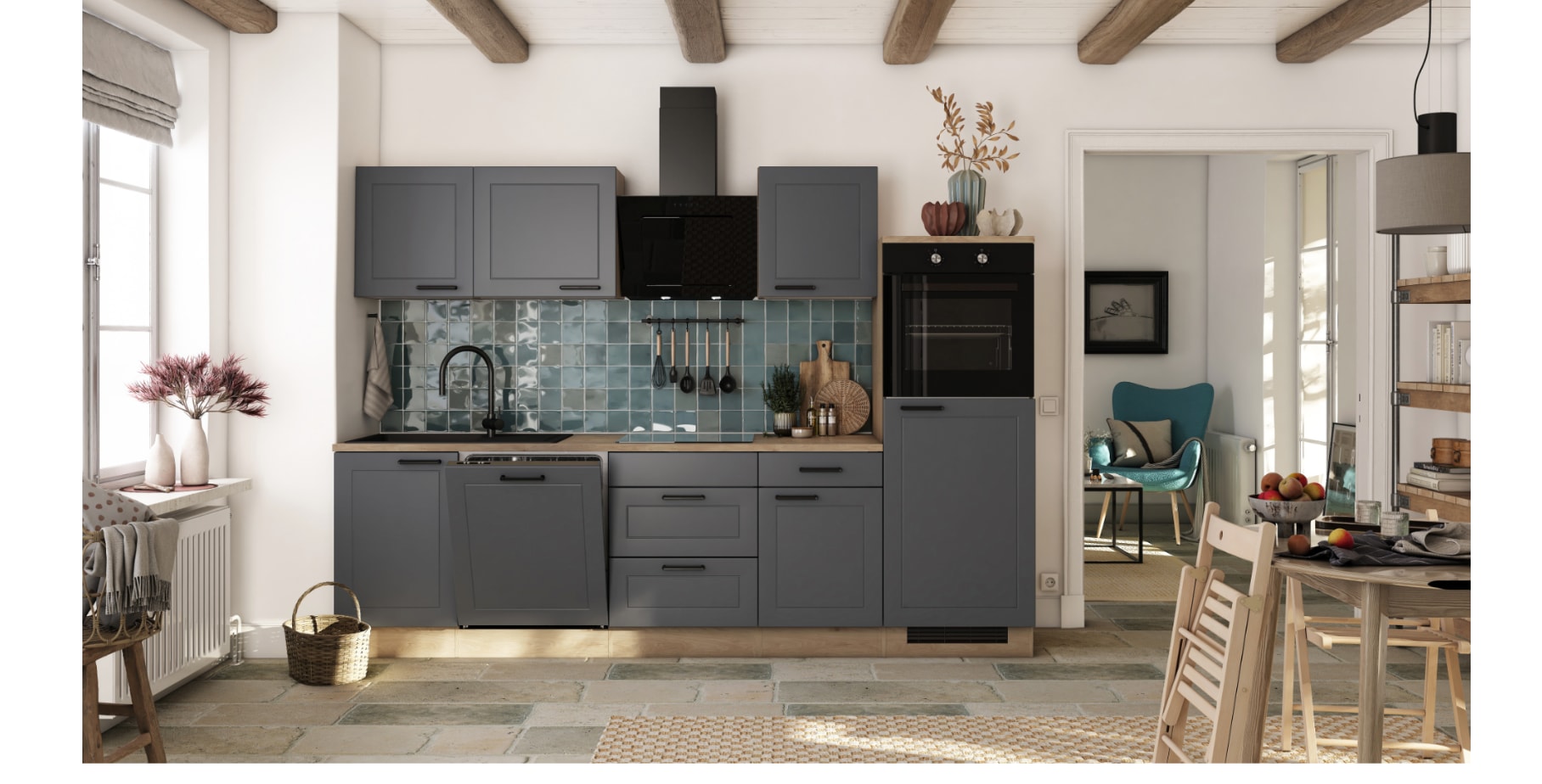 Flex-Well Landhaus_K&uuml;chenzeile inkl. Elektroger&auml;te 280 cm - G-280-2327-000-ROMEO - Bild 1