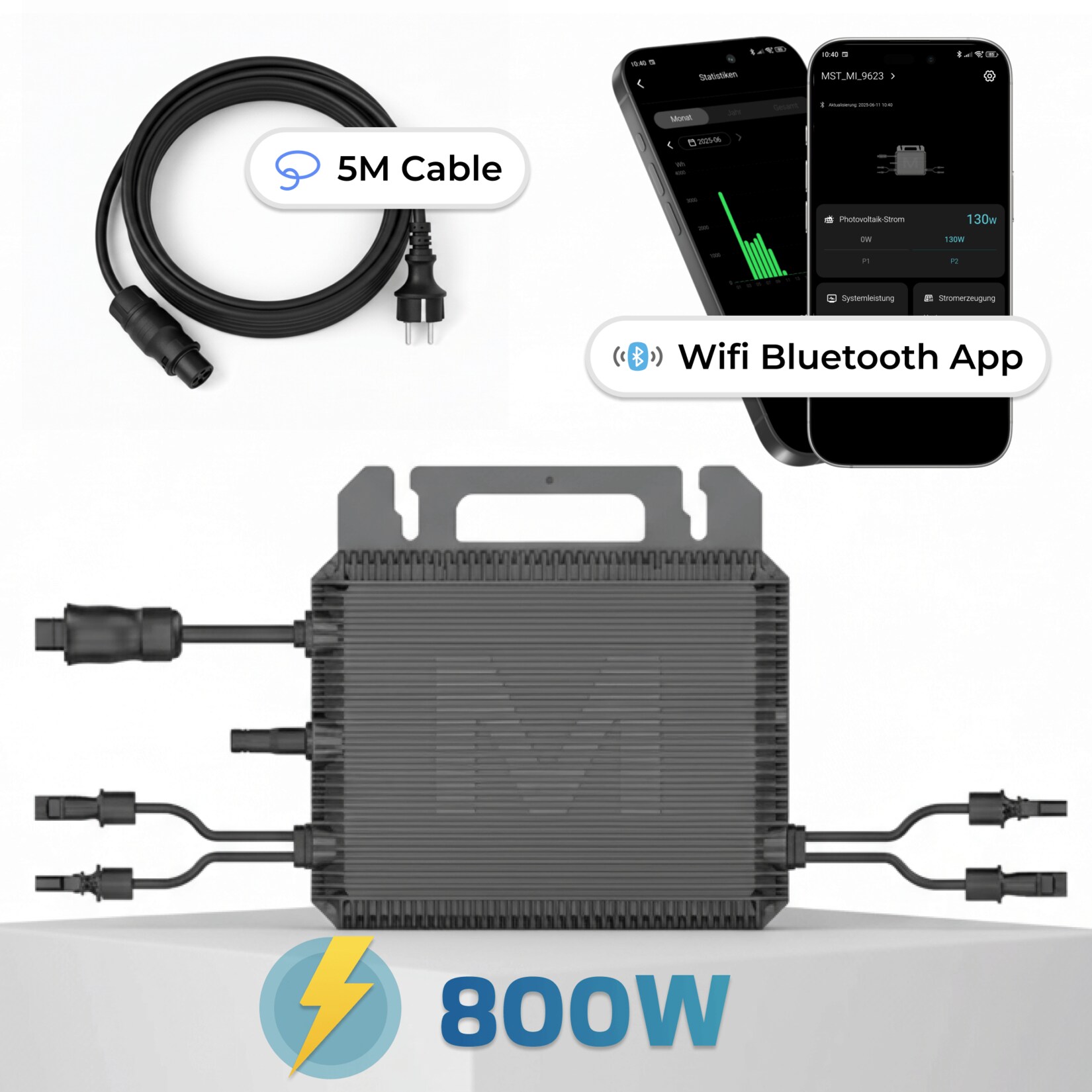 MARSTEK Mikro-Wechselrichter 800 W MST-MI0800 für Balkonkraftwerk, IP67 wetterfest, Plug-&-Play Installation, 2 MPPT, Bluetooth & WIFI, inkl. 5 m Anschlusskabel, Micro Inverter | 04255656237102