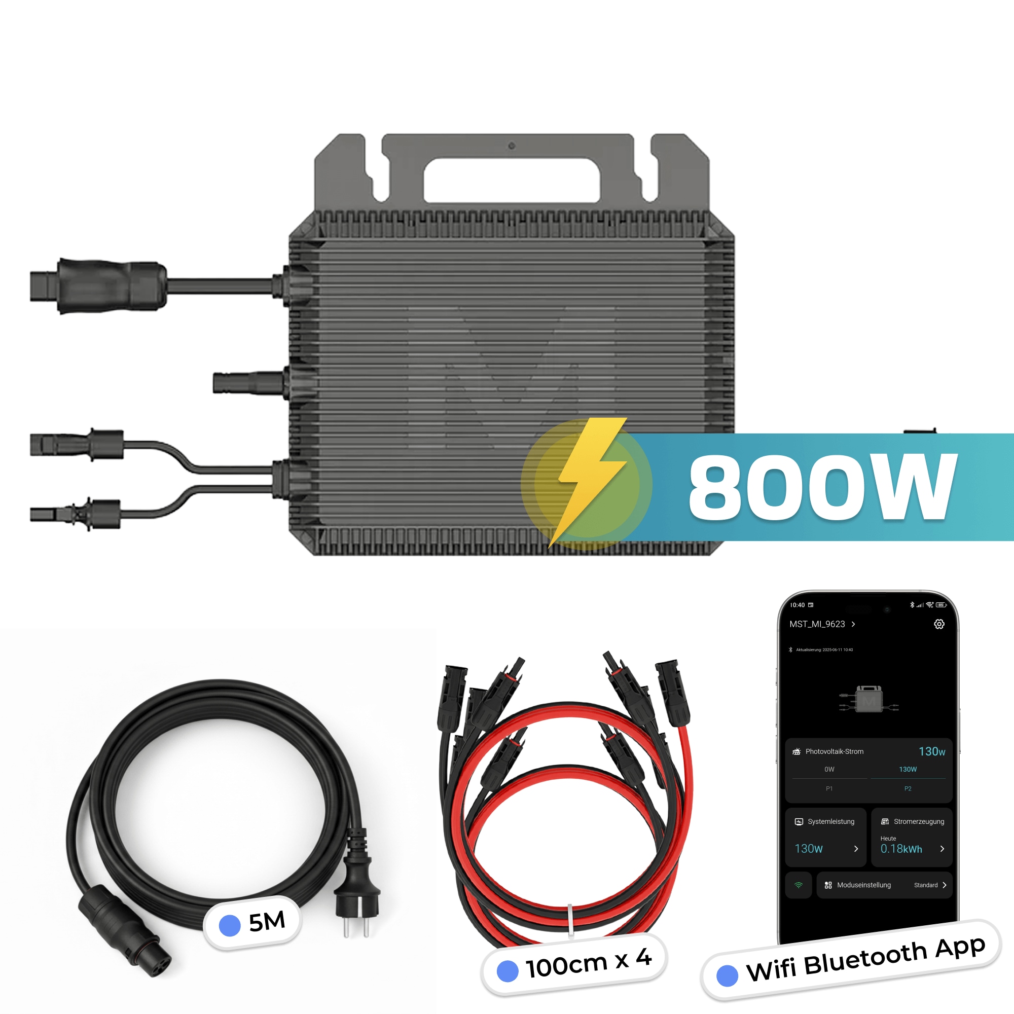 MARSTEK Mikro-Wechselrichter 800 W MST-MI0800 f&uuml;r Balkonkraftwerk, IP67 wetterfest, Plug&Play Installation, 2 MPPT, Bluetooth WIFI, inkl. 5m Anschlusskabel, 4x 1m Solar-Verl&auml;ngerungen, Micro Inverter - Bild 1
