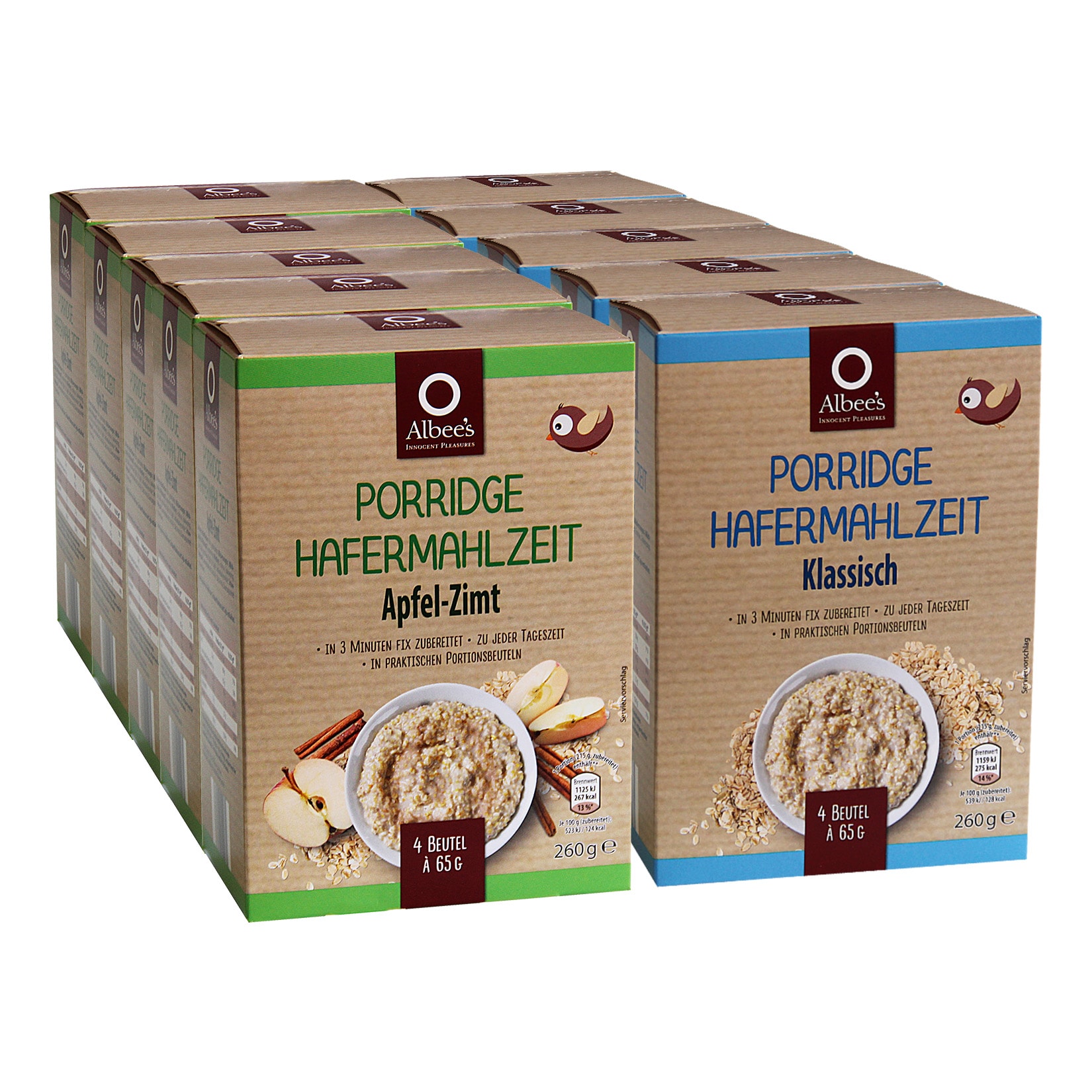 Albee's Porridge Hafermahlzeit Klassisch und Apfel-Zimt 260 g, 10er Pack - Bild 1