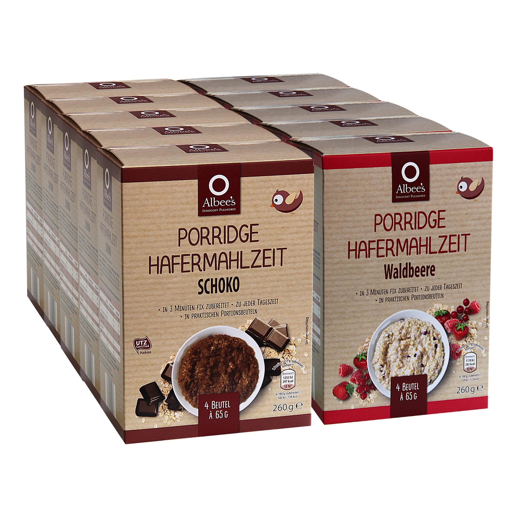 Albee's Porridge Hafermahlzeit Schoko und Waldbeere 260g, 10er Pack - Bild 1