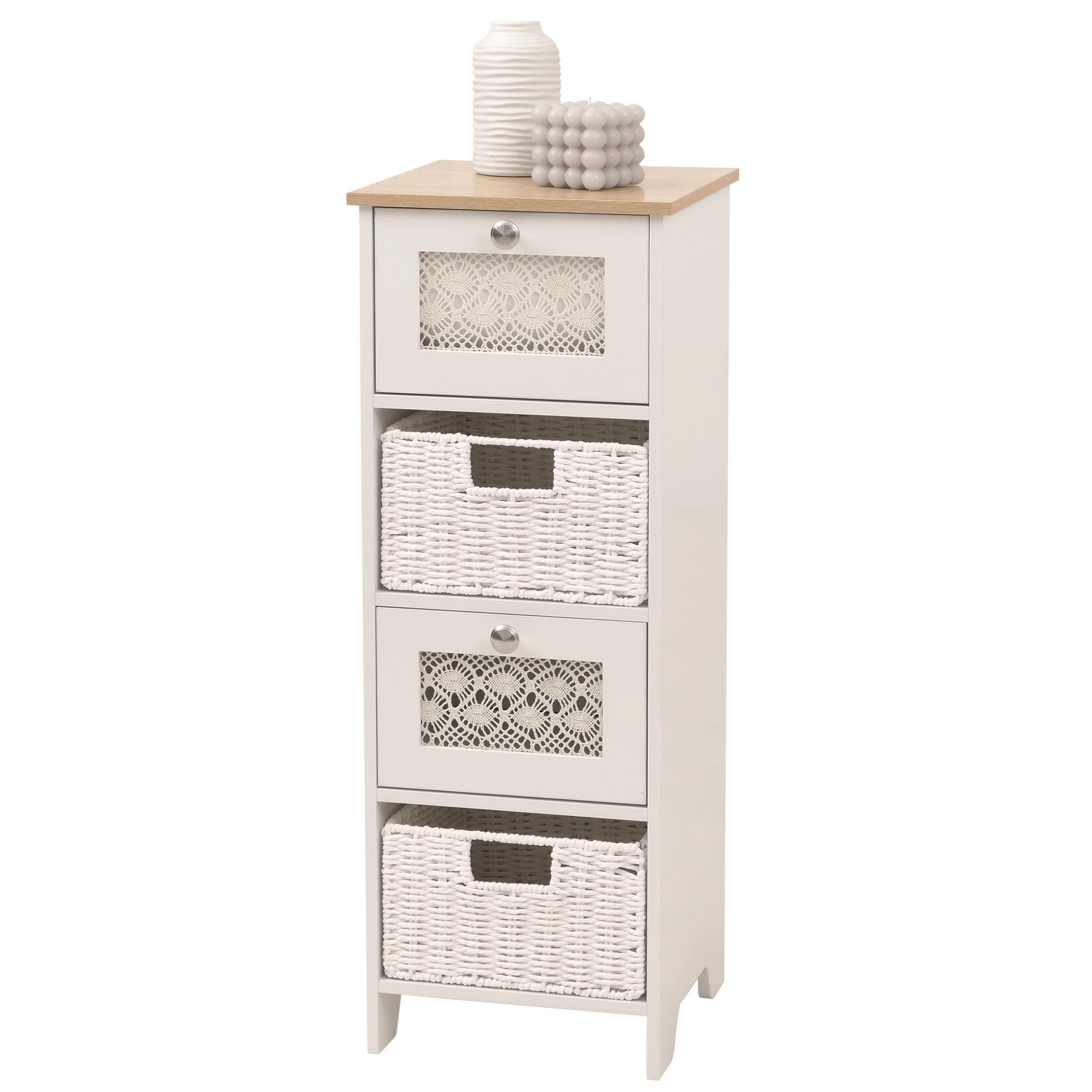 Kommode MCW-O75, Schubladenschrank, 4 Schubfächer Korbschubladen Holz Melamin 82x30x30cm ~ natur-weiß | 04057651791197