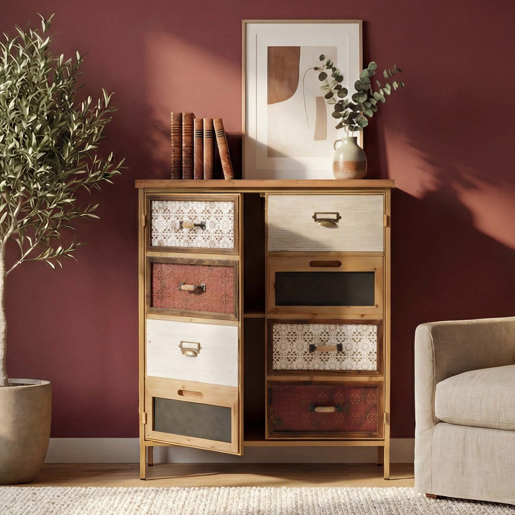 Apothekerkommode MCW-O79, Schrank Highboard Staufächer, Vintage Shabby-Look 94x80x35cm, rot/blau
