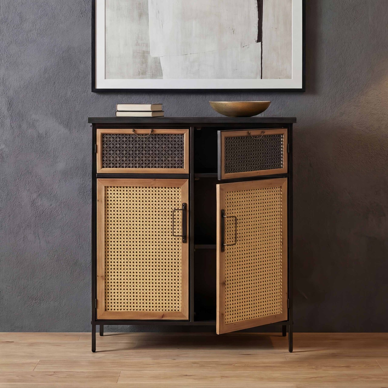 Apothekerkommode MCW-O79, Schrank Highboard Staufächer, Vintage Shabby-Look 94x80x35cm, Rattanoptik