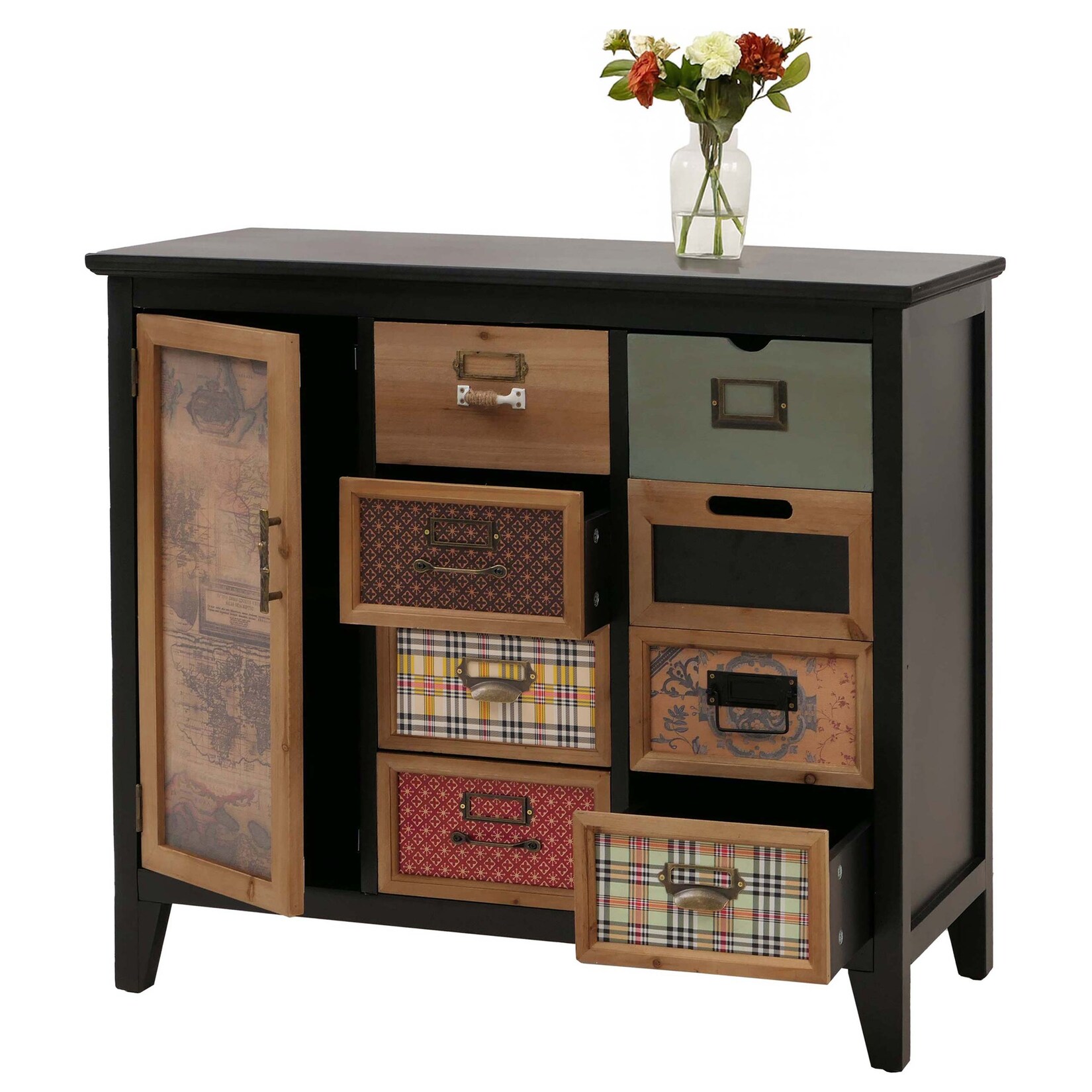 Apothekerkommode MCW-O63, Schrank Schubladen Etikettenhalter Vintage Shabby Muster, Holz 80x91x40cm ~ Korpus schwarz