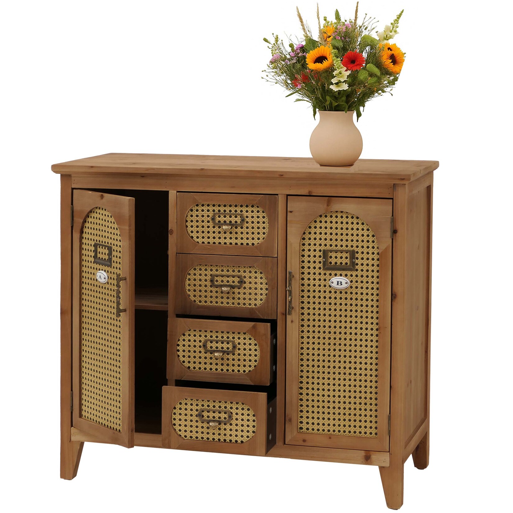 Apothekerkommode MCW-O63, Sideboard Schrank Staufächer Schubladen, Vintage Rattanoptik 80x91x40cm ~ Korpus natur