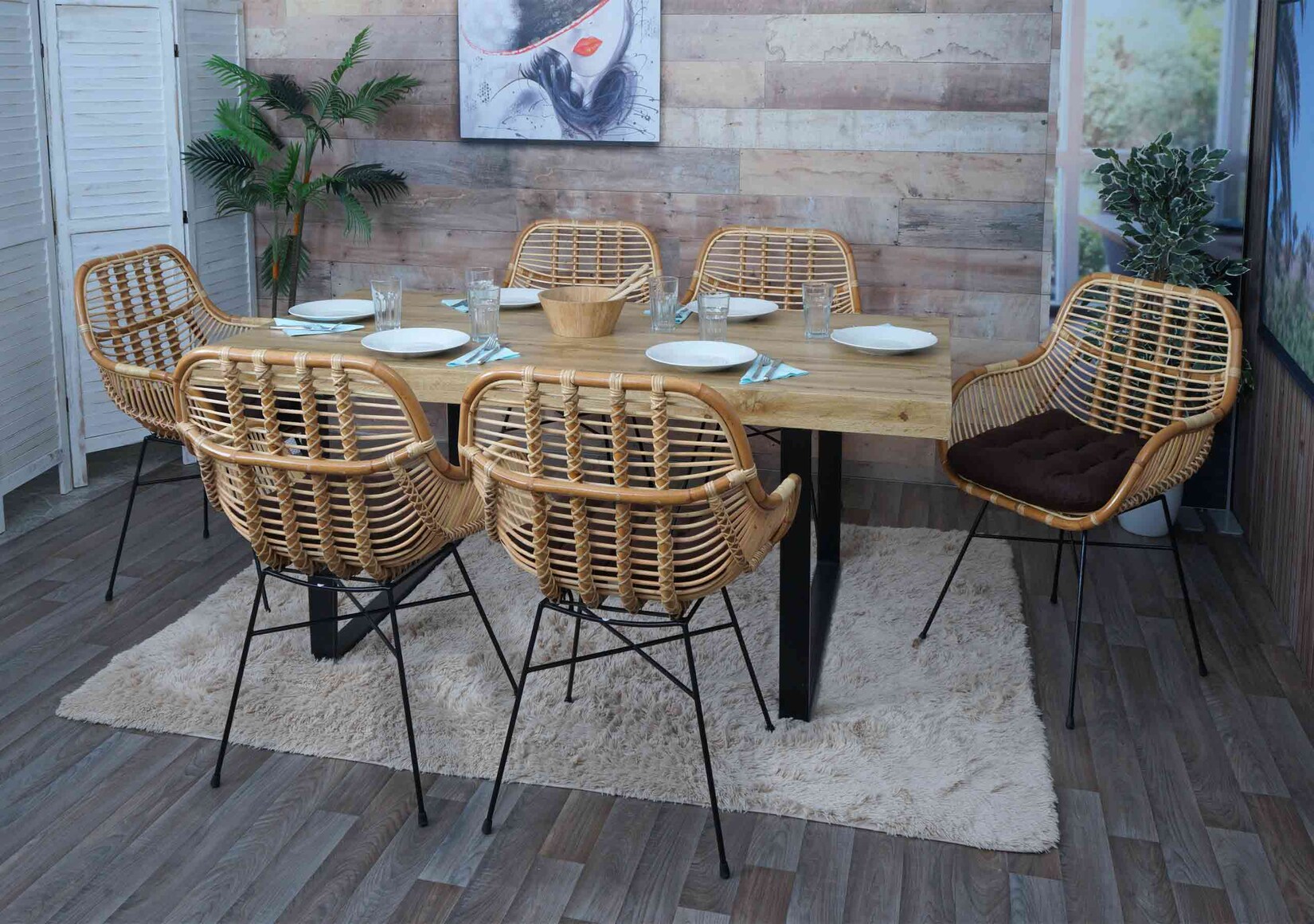 6er-Set Esszimmerstuhl MCW-P17, Küchenstuhl Korbstuhl Rattansessel Rattanstuhl Stuhl, Kubu Rattan Metall ~ Polster braun
