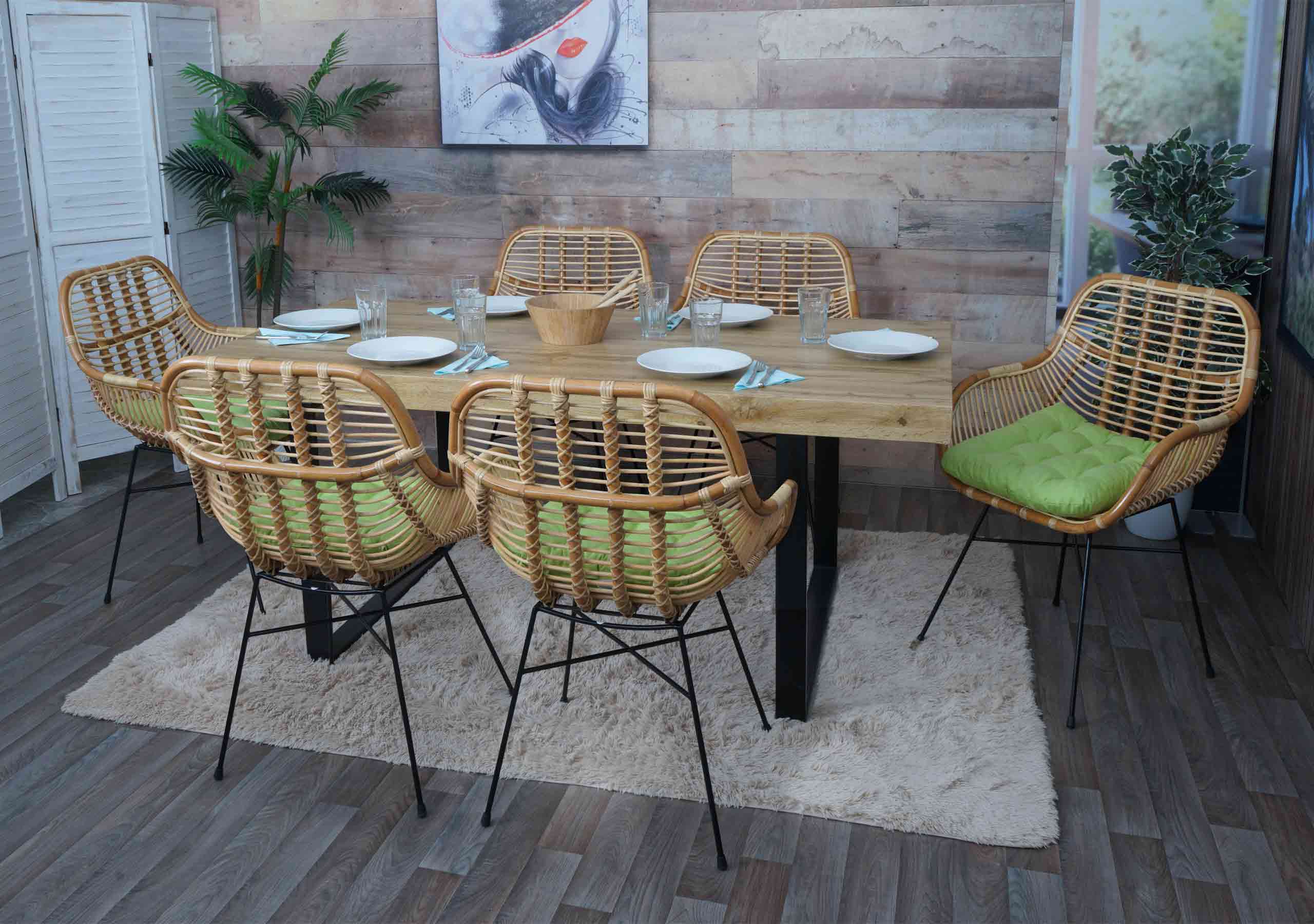 6er-Set Esszimmerstuhl MCW-P17, K&uuml;chenstuhl Korbstuhl Rattansessel Rattanstuhl Stuhl, Kubu Rattan Metall ~ Polster gr&uuml;n - Bild 1