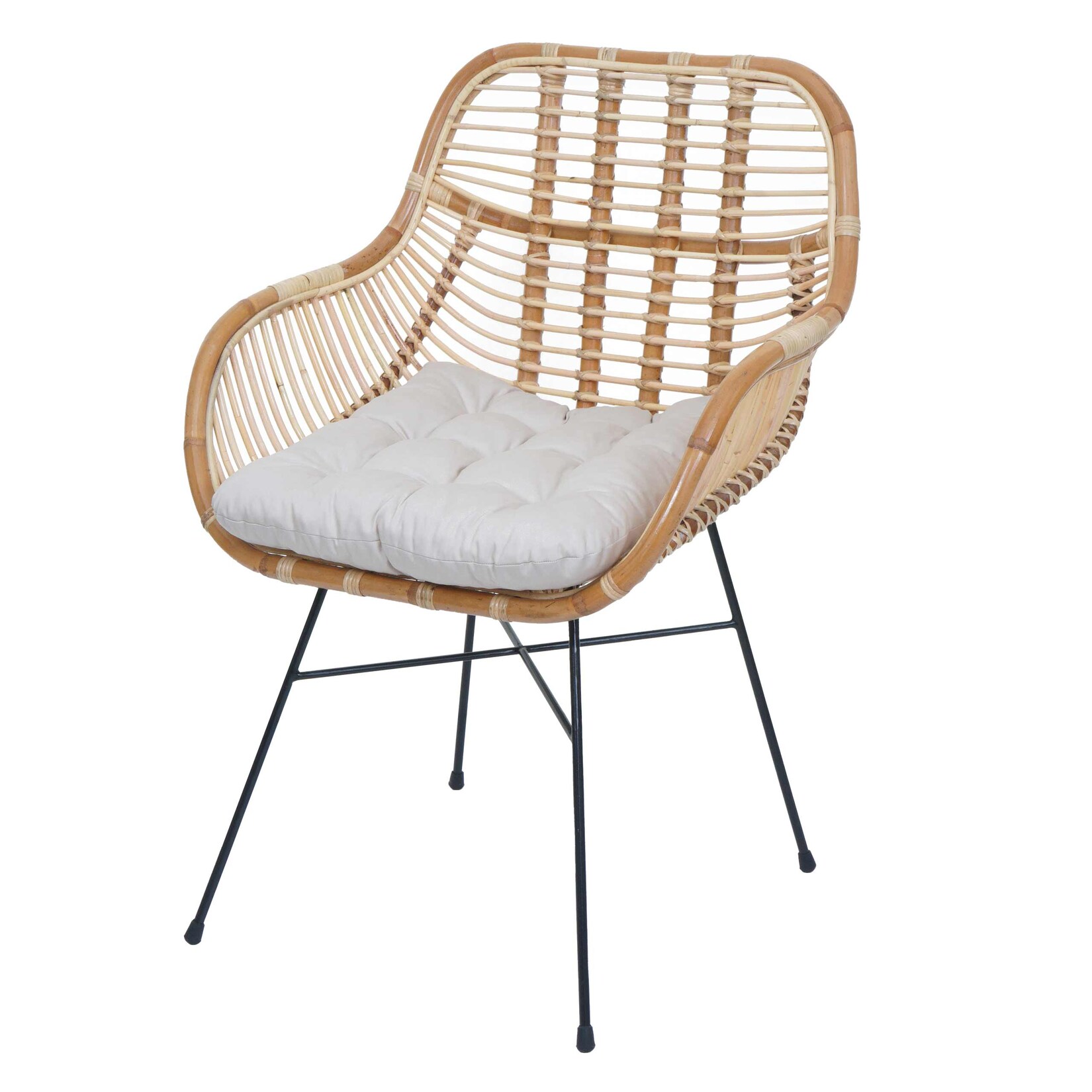Esszimmerstuhl MCW-P17, Küchenstuhl Korbstuhl Rattansessel Rattanstuhl Stuhl, Kubu Rattan Metall ~ Polster creme