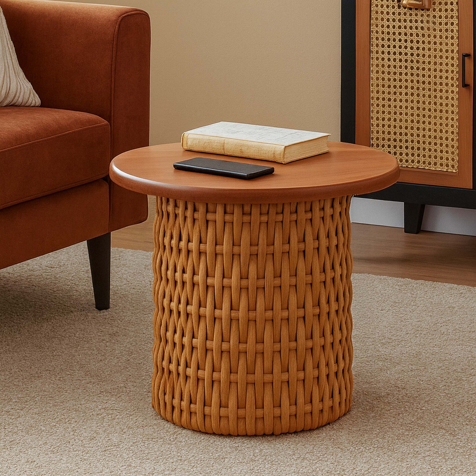 Beistelltisch MCW-P15, Sofa-/Couchtisch Loungetisch Wohnzimmertisch Pflanzentisch Tisch, Mahagoniholz Rattan rund Ø44cm