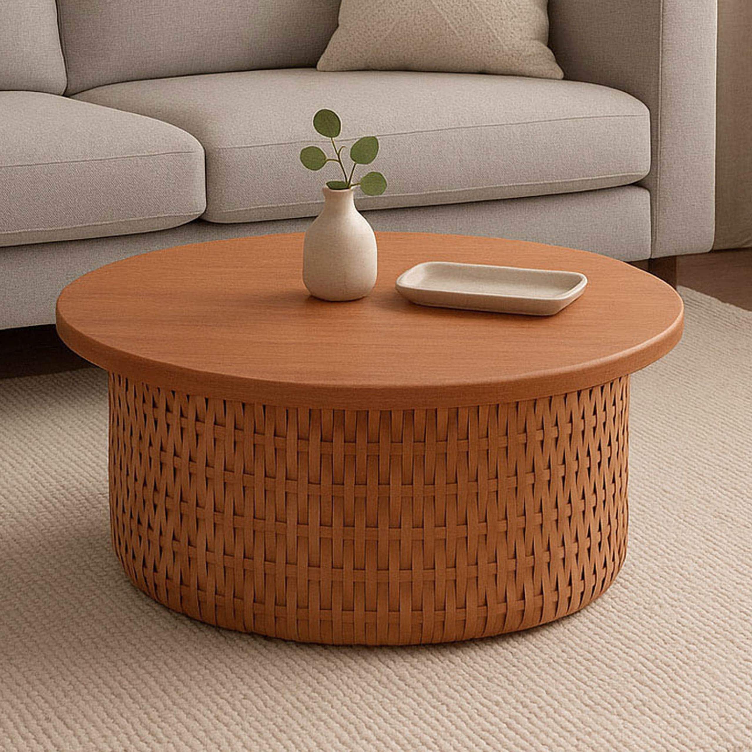 Couchtisch MCW-P15, Beistelltisch Sofatisch Wohnzimmertisch Mahagoniholz Rattan rund &Oslash;75cm - Bild 1