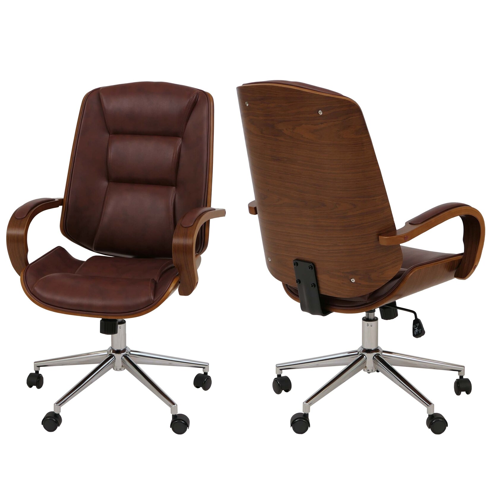 Bürostuhl MCW-O83, Drehstuhl Chefsessel , Kunstleder (280g/m²) Bugholz MVG-zertifiziert Walnuss-Optik ~ rotbraun