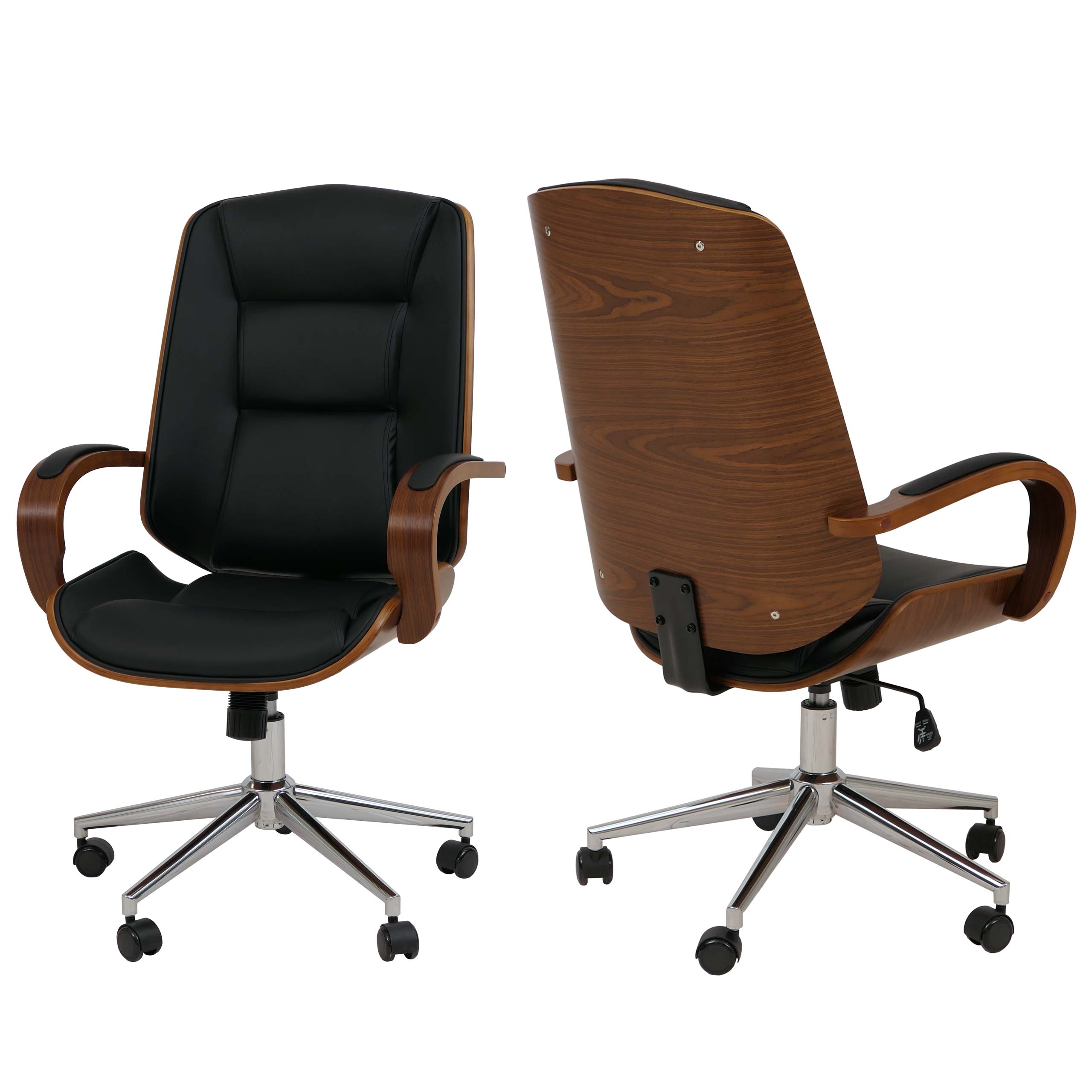 B&uuml;rostuhl MCW-O83, Drehstuhl Chefsessel , Kunstleder (280g/m&sup2;) Bugholz MVG-zertifiziert Walnuss-Optik ~ schwarz - Bild 1