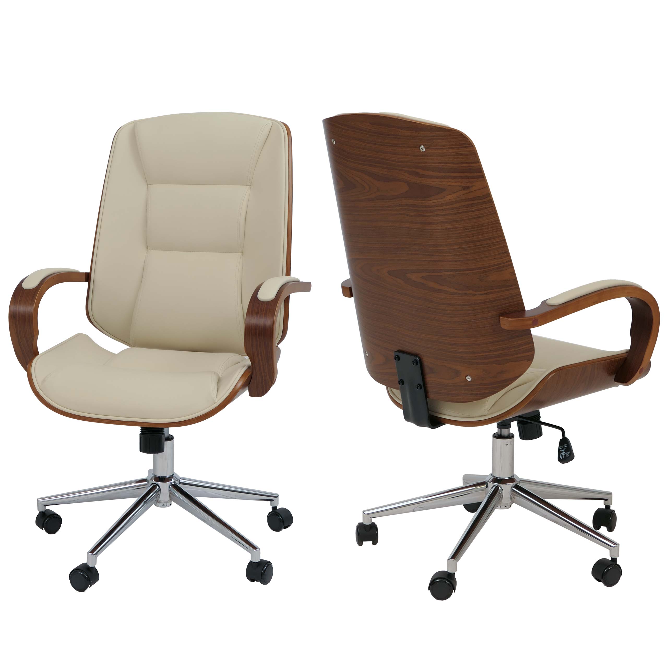 B&uuml;rostuhl MCW-O83, Drehstuhl Chefsessel , Kunstleder (280g/m&sup2;) Bugholz MVG-zertifiziert Walnuss-Optik ~ creme - Bild 1