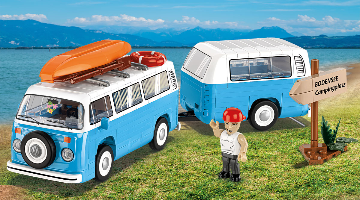 VW Bulli Van mit Wohnwagen &ndash; COBI Bausatz 322 Teile - Bild 1