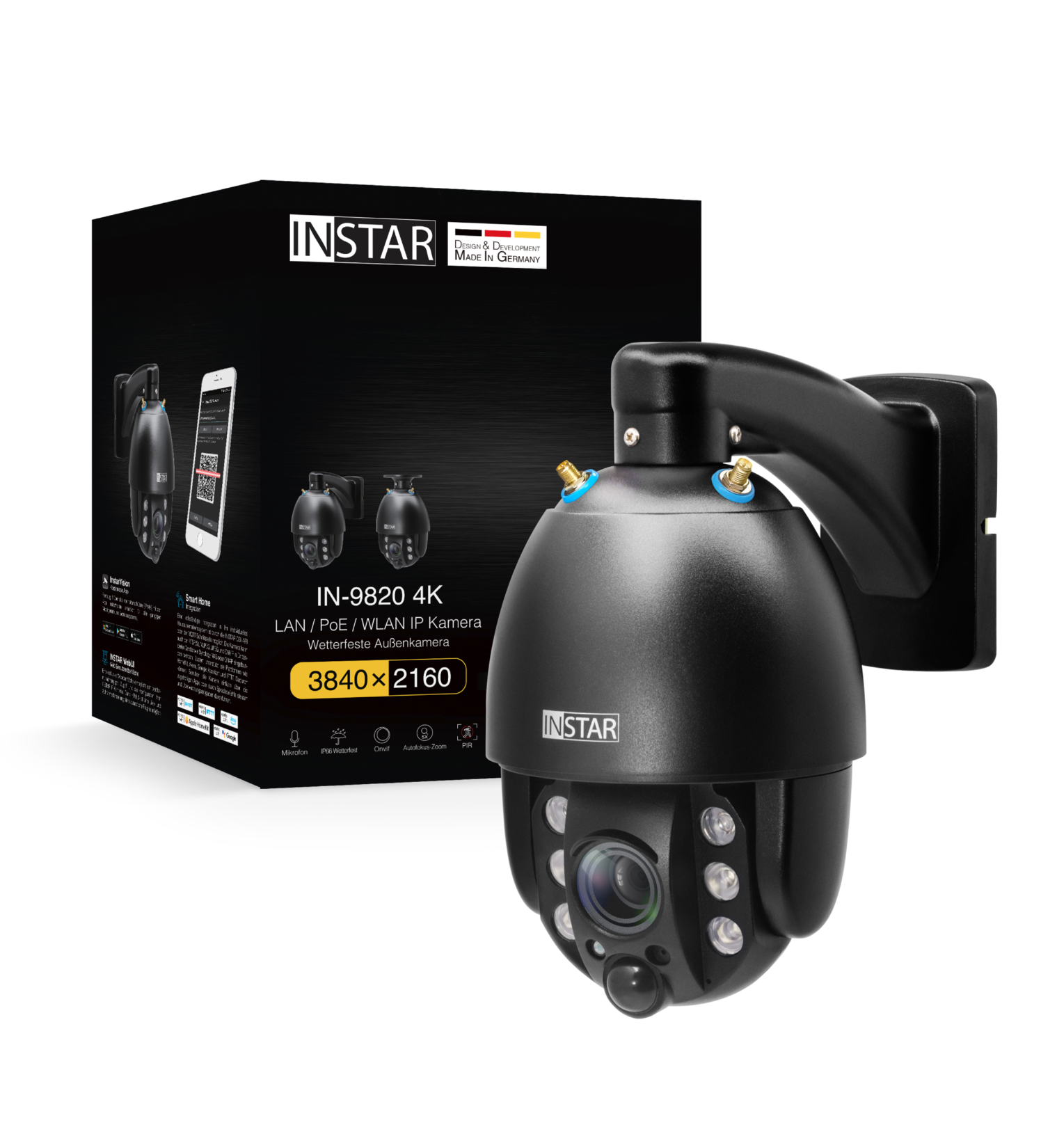 INSTAR IN-9820 4K steuerbare Überwachungskamera mit LAN / WLAN und PoE, Schwarz