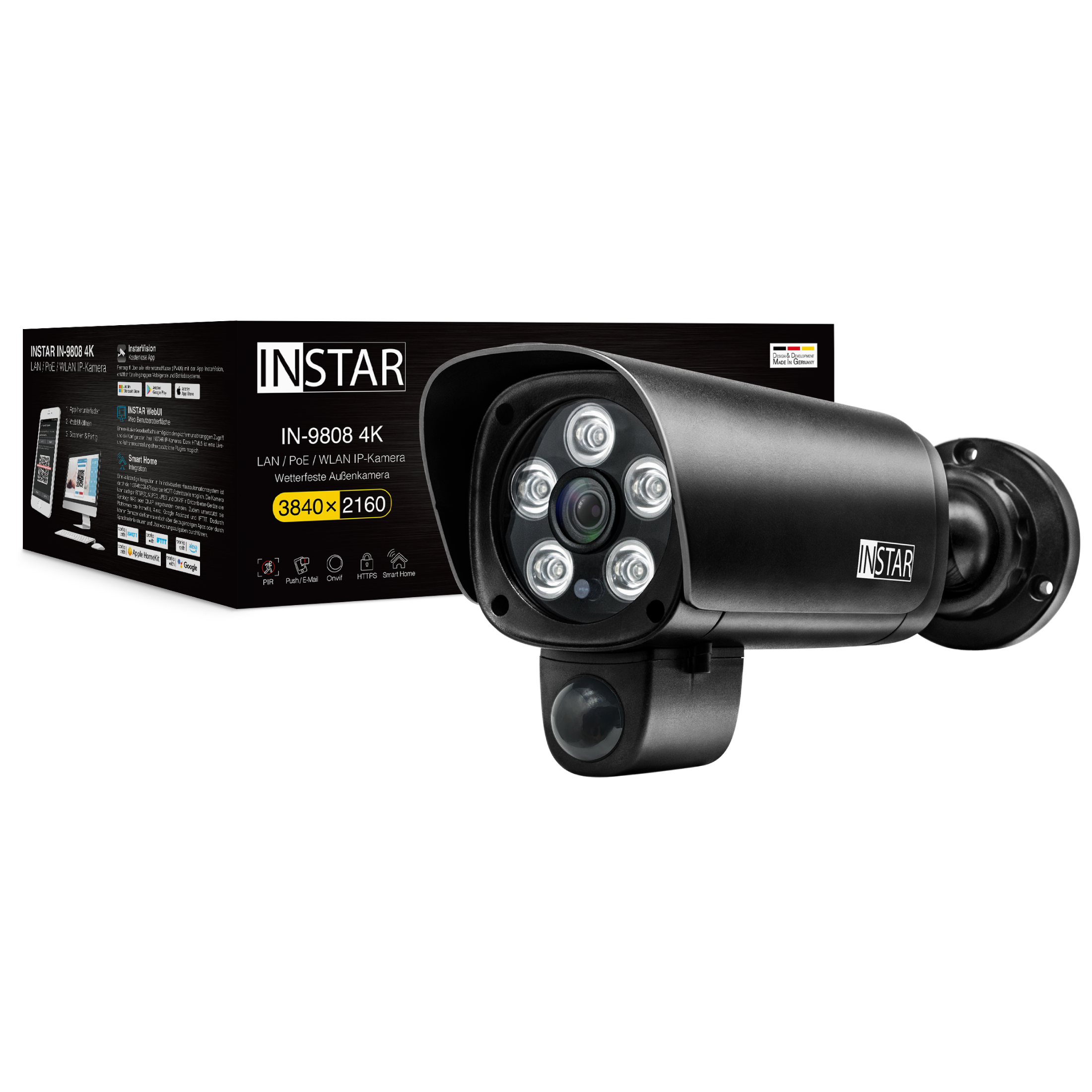 INSTAR IN-9808 4K starre Au&szlig;enkamera / IP Kamera / &Uuml;berwachungskamera mit LAN / WLAN und PoE, Schwarz - Bild 1