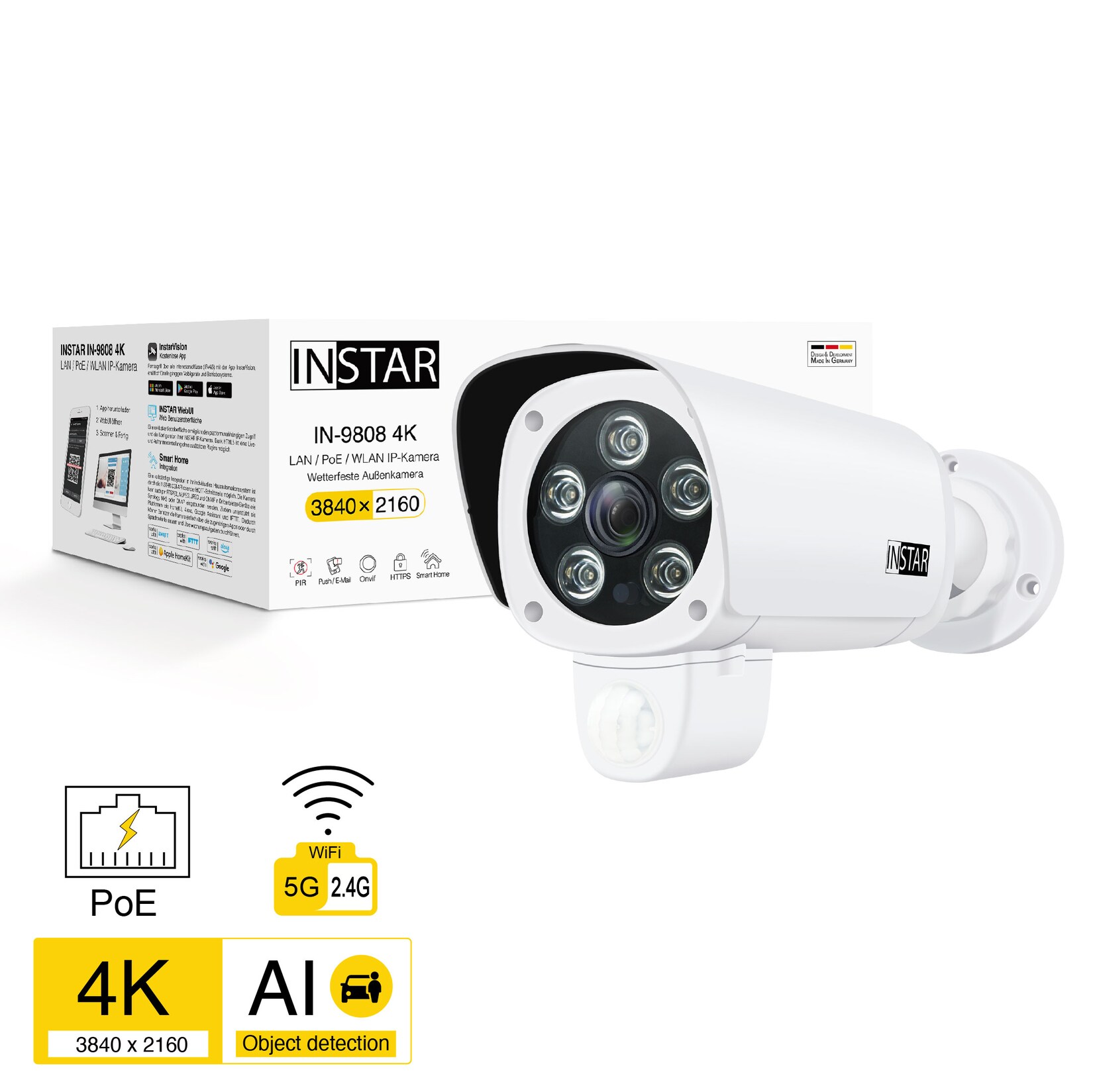 INSTAR IN-9808 4K starre Außenkamera / IP Kamera / Überwachungskamera mit LAN / WLAN und PoE, Weiß | 04260591891234