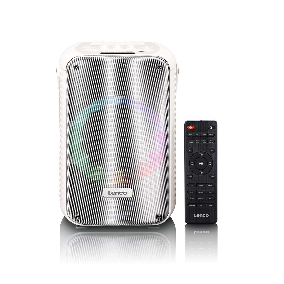 Lenco Karaoke-System mit Bluetooth®, wiederaufladbarem Akku, drahtlosem Karaoke-Mikrofon und Disco-LED-Beleuchtung Weiß