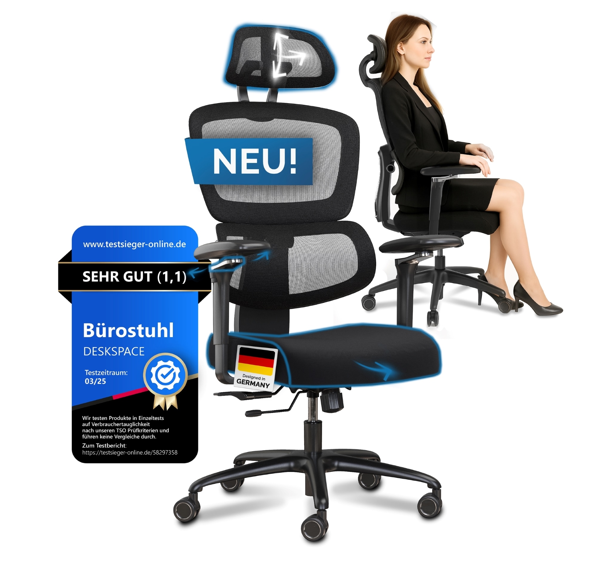 DESKSPACE Move Pro B&uuml;rostuhl - 3-stufiger 150 kg, Schwarz - Bild 1