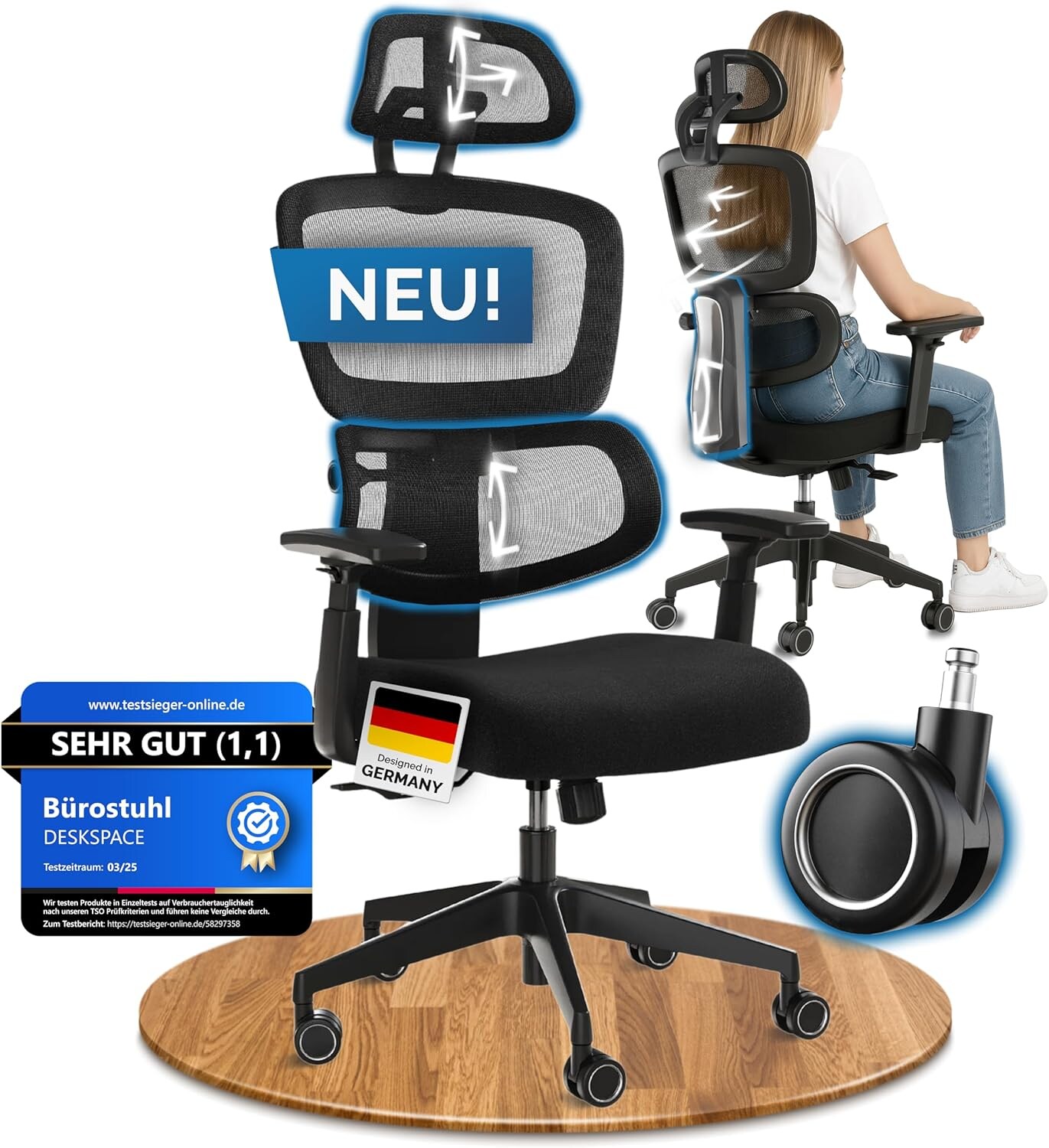 DESKSPACE Move Ergonomischer Bürostuhl - 150 kg, Schwarz