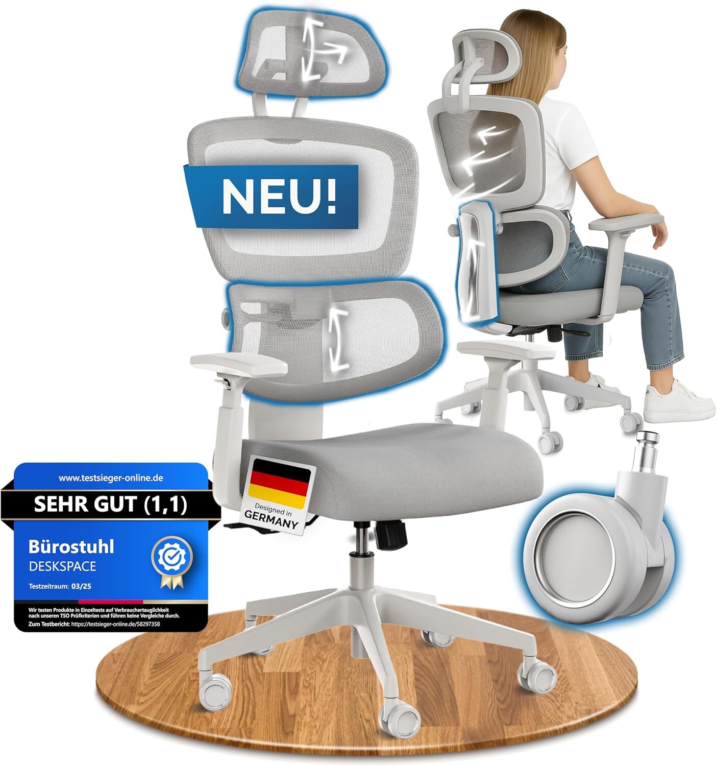 DESKSPACE Move Ergonomischer Bürostuhl - 150 kg, Grau