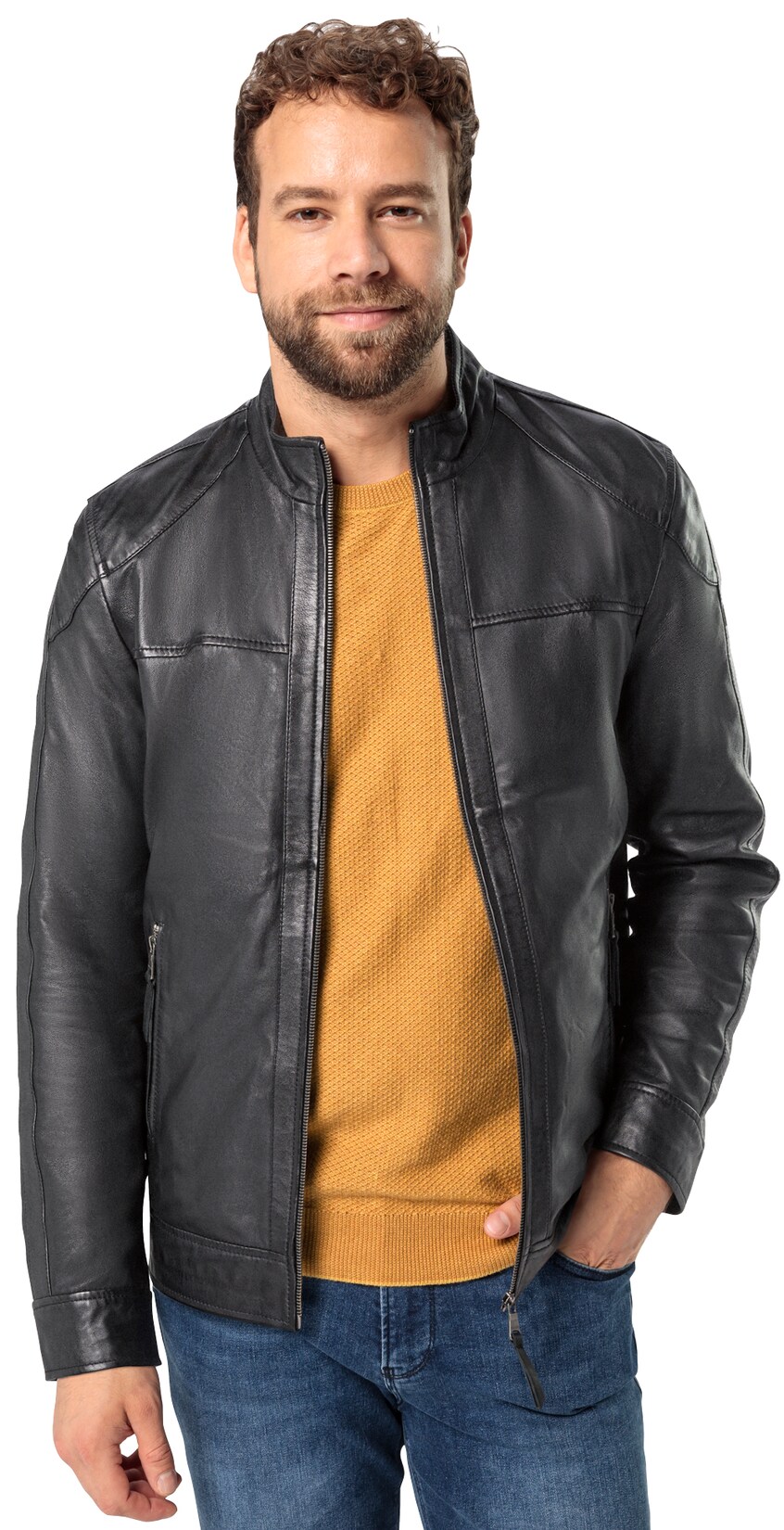 Ross & Cole Herren Lederjacke mit Stehkragen