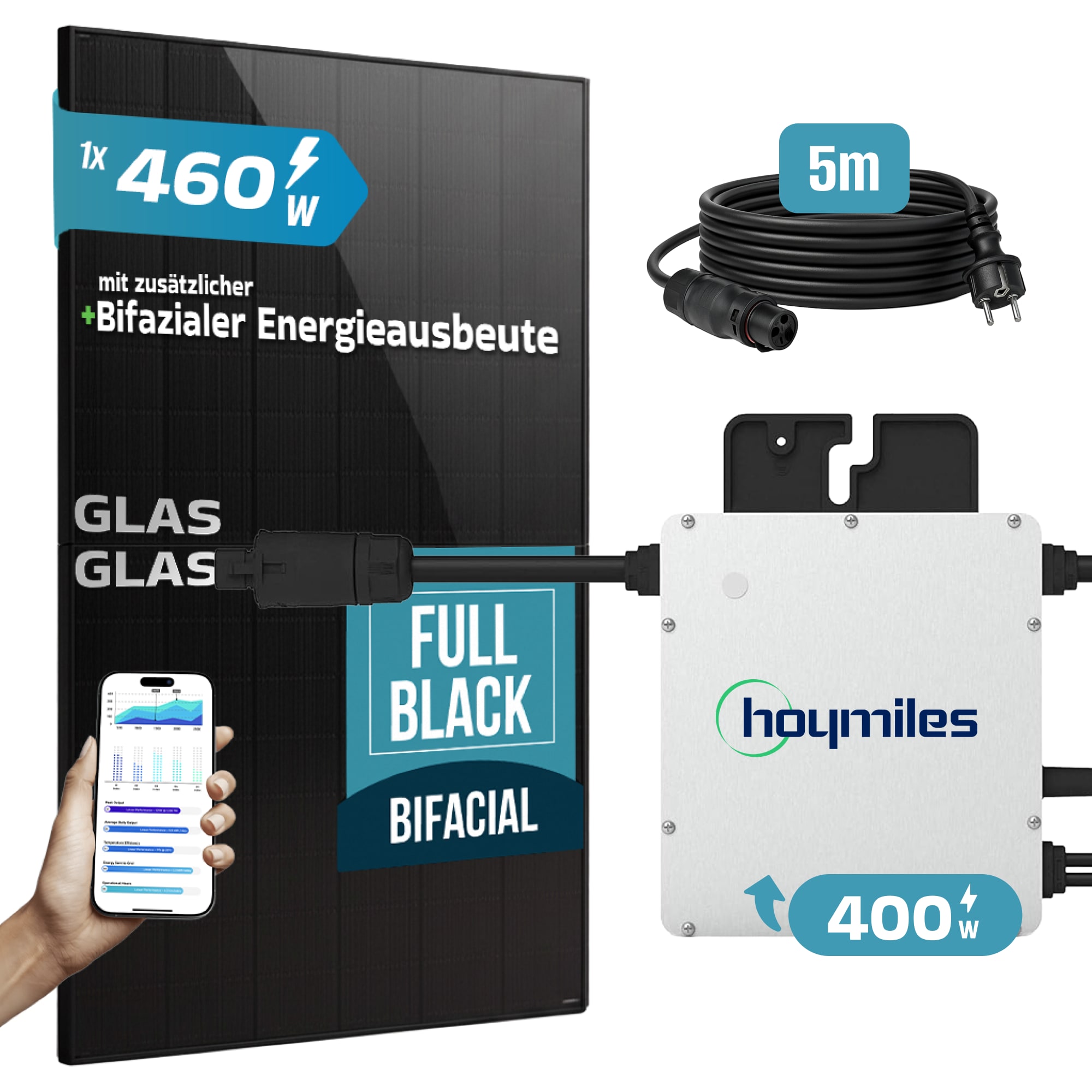 SUNNIVA&reg; 460W Balkonkraftwerk BIFAZIAL FULLBLACK komplett Steckdose HOYMILES 400 Watt Wechselrichter, PV Solaranlage Komplettset, 1x 460W N-Type Glas-Glas Bifacial Solarmodule, 5m Kabel - Bild 1