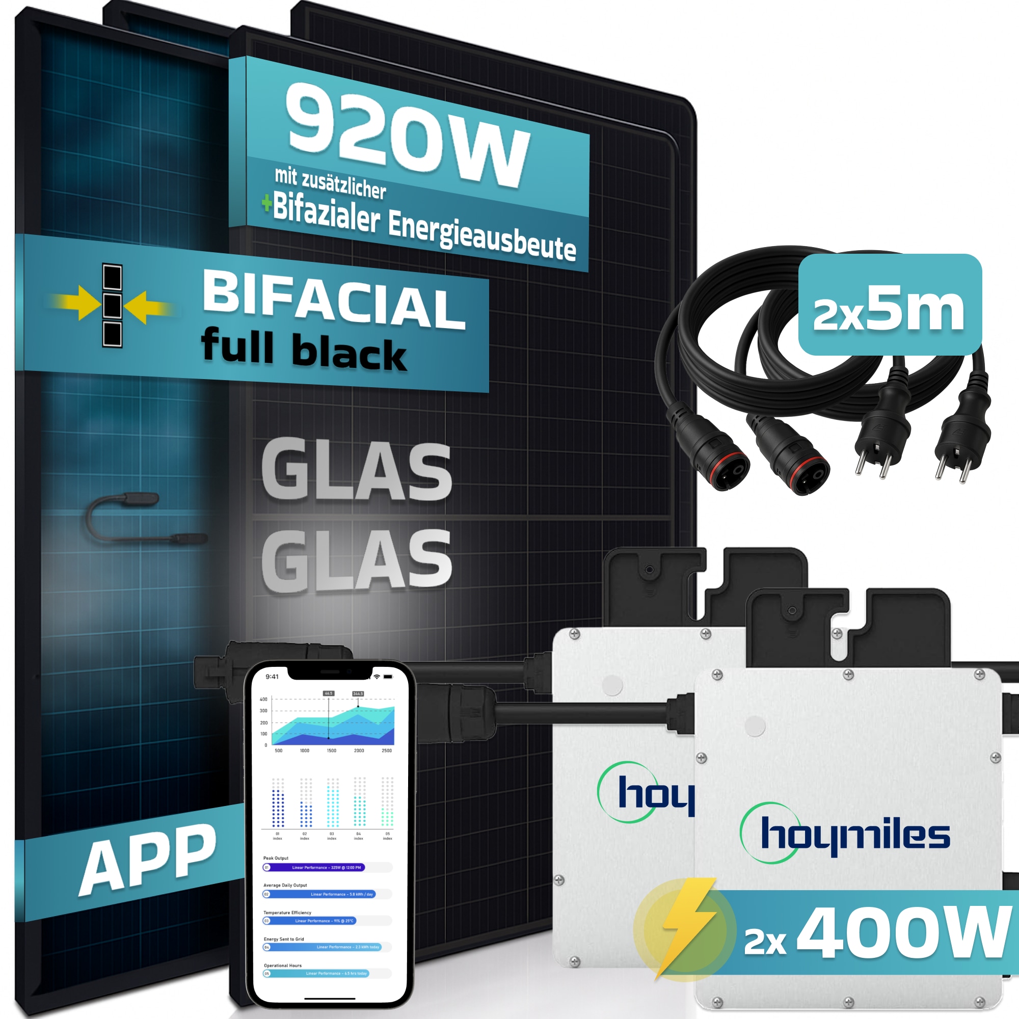 SUNNIVA&reg; 920W Balkonkraftwerk BIFAZIAL FULLBLACK komplett Steckdose HOYMILES 2x 400 Watt Wechselrichter, PV Solaranlage Komplettset, 2x 460W N-Type Glas-Glas Bifacial Solarmodule, 2x 5m Kabel - Bild 1