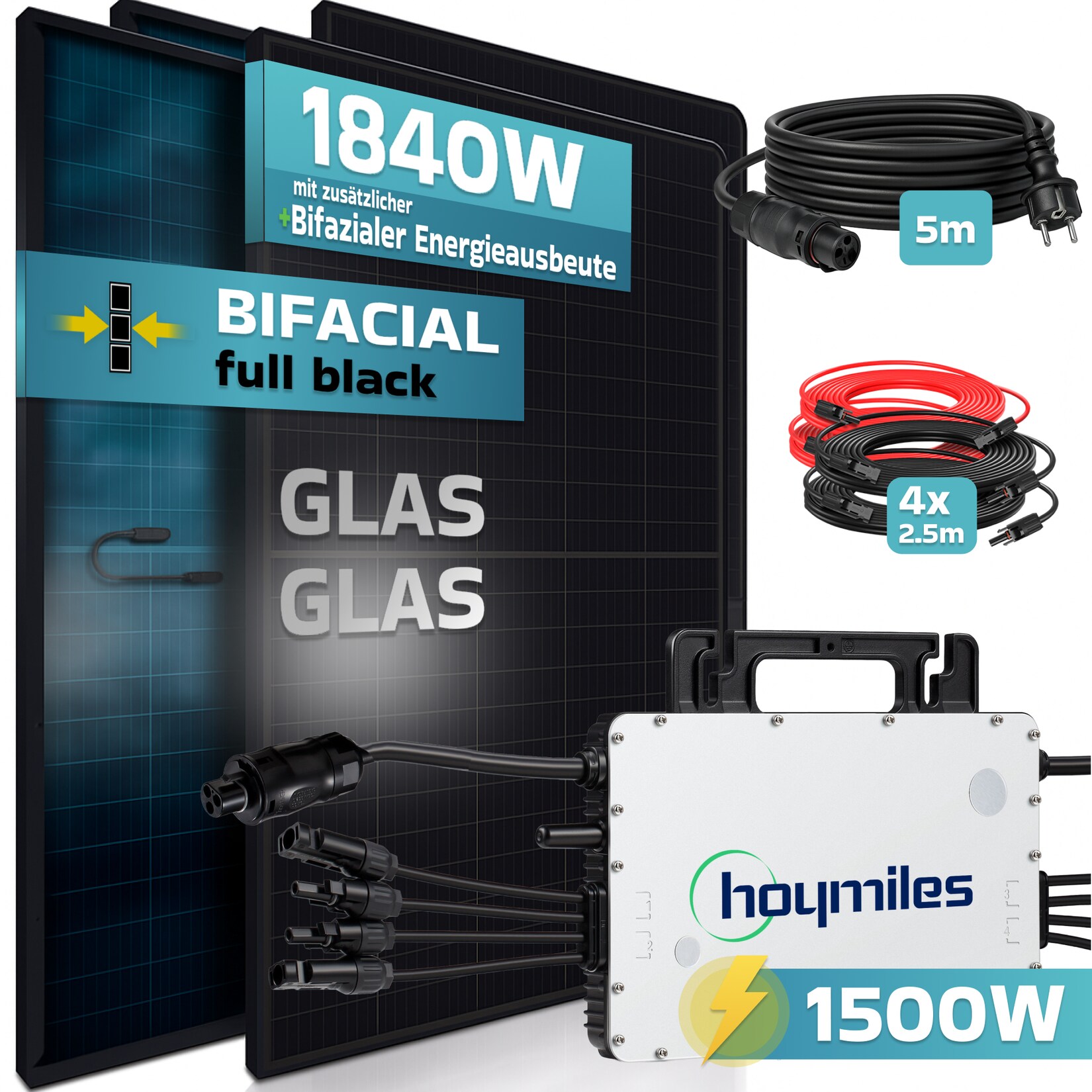 SUNNIVA® 1840W Balkonkraftwerk BIFAZIAL FULLBLACK komplett Steckdose HOYMILES 1500 Watt Wechselrichter, PV Solaranlage Komplettset, 4x 460W N-Type Glas-Glas Bifacial Solarmodule, 5m Kabel | 04255656237515
