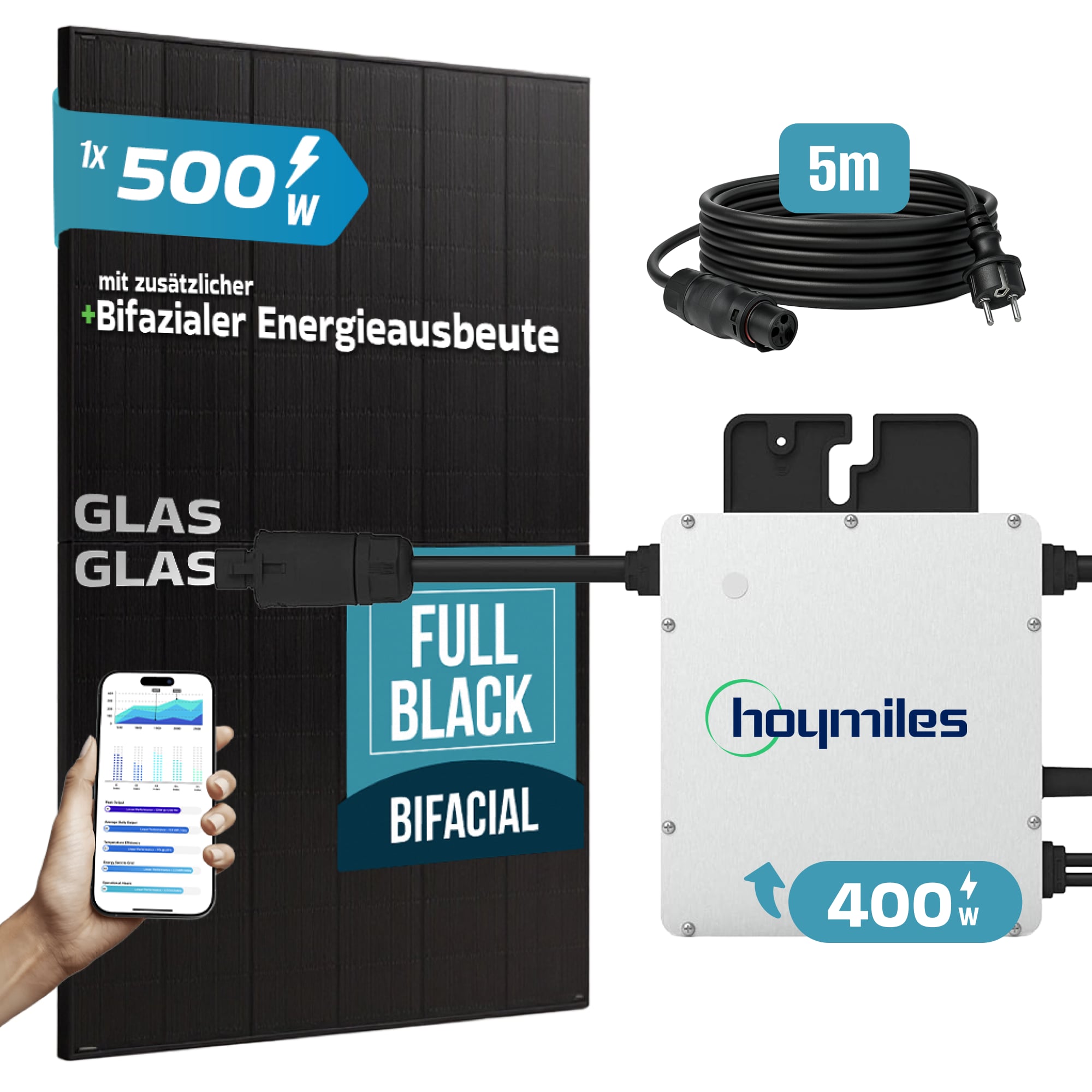 SUNNIVA&reg; 500W Balkonkraftwerk BIFAZIAL FULLBLACK komplett Steckdose HOYMILES 400 Watt Wechselrichter, PV Solaranlage Komplettset, 1x 500W N-Type Glas-Glas Bifacial Solarmodule, 5m Kabel - Bild 1