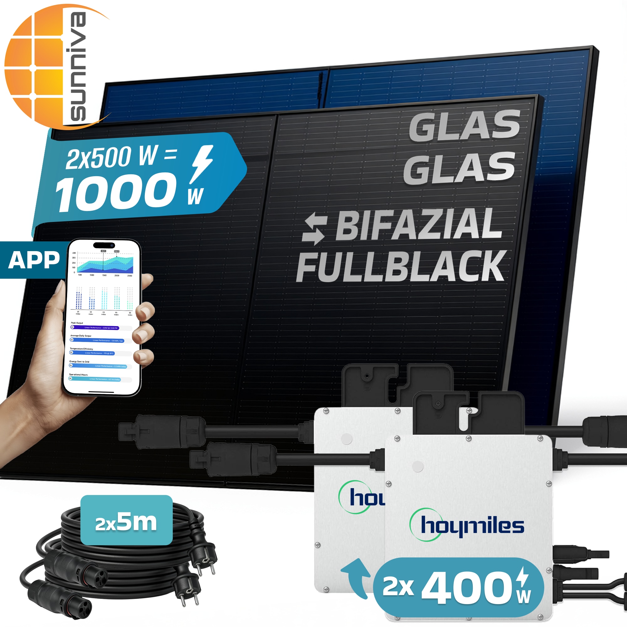SUNNIVA&reg; 1000W Balkonkraftwerk BIFAZIAL FULLBLACK komplett Steckdose HOYMILES 2x 400 Watt Wechselrichter, PV Solaranlage Komplettset, 2x 500W N-Type Glas-Glas Bifacial Solarmodule, 2x 5m Kabel - Bild 1